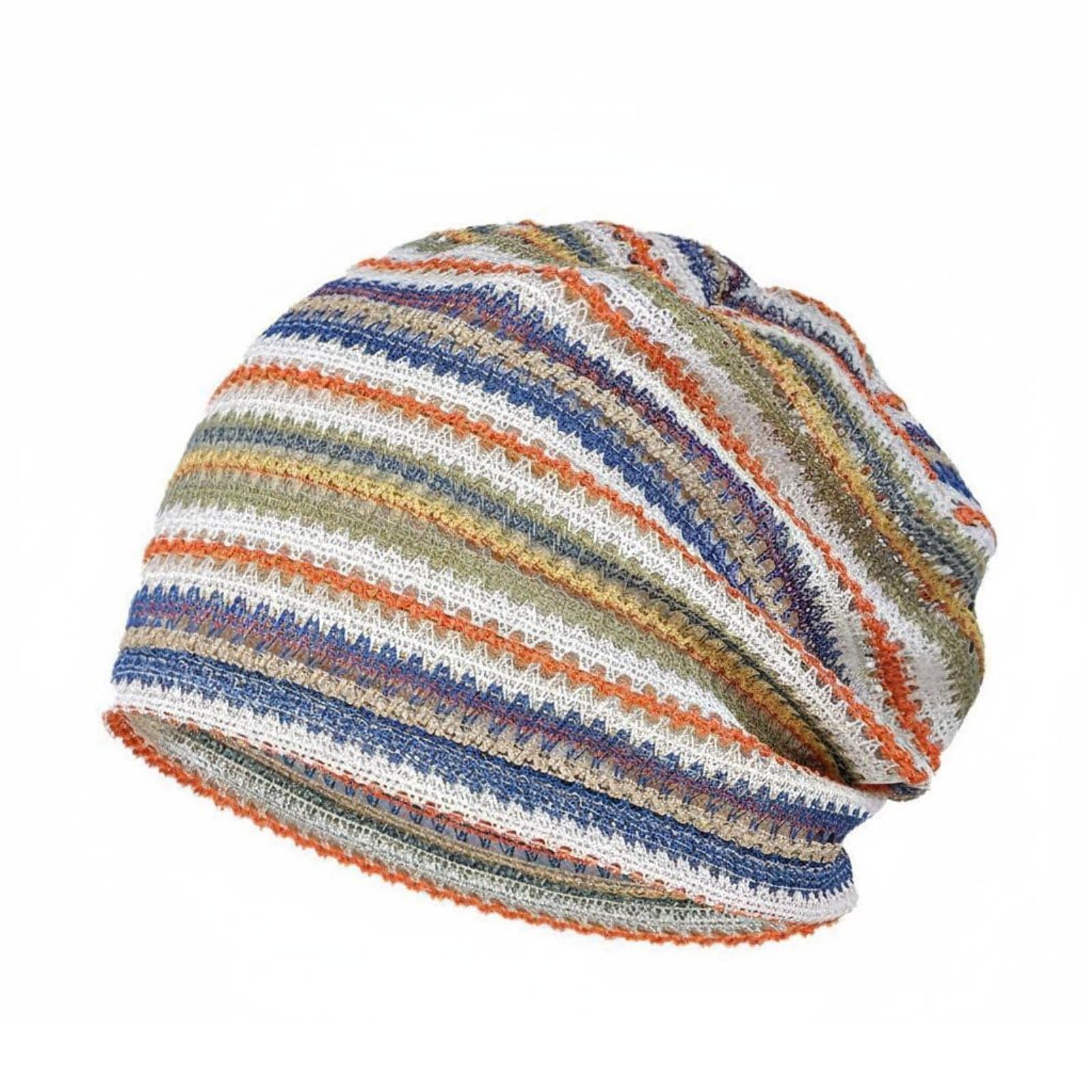 Soft Breathable Summer Beanie Lightweight Striped Beanie Double-Layer Openwork Knit Hat Retro for Women, Blue Beige Orange|Clothing, Shoes & Accessories | Womens Accessories | Hats-image-42