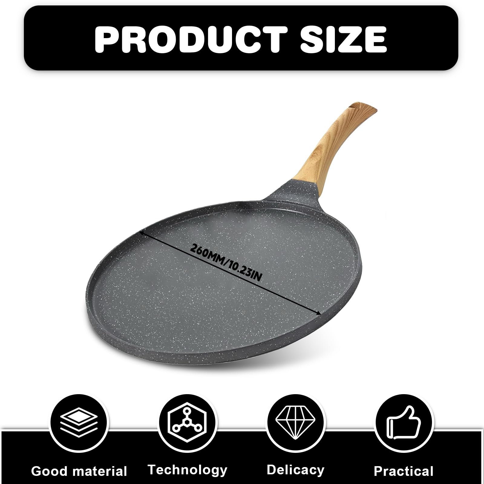 VEGOATY Crepe - Padella per pancake, 26 cm, con manico in bachelite, rivestimento antiaderente in granito da 26 cm, adatta per piani cottura a induzione, elettrici, in ceramica e a gas (grigio)