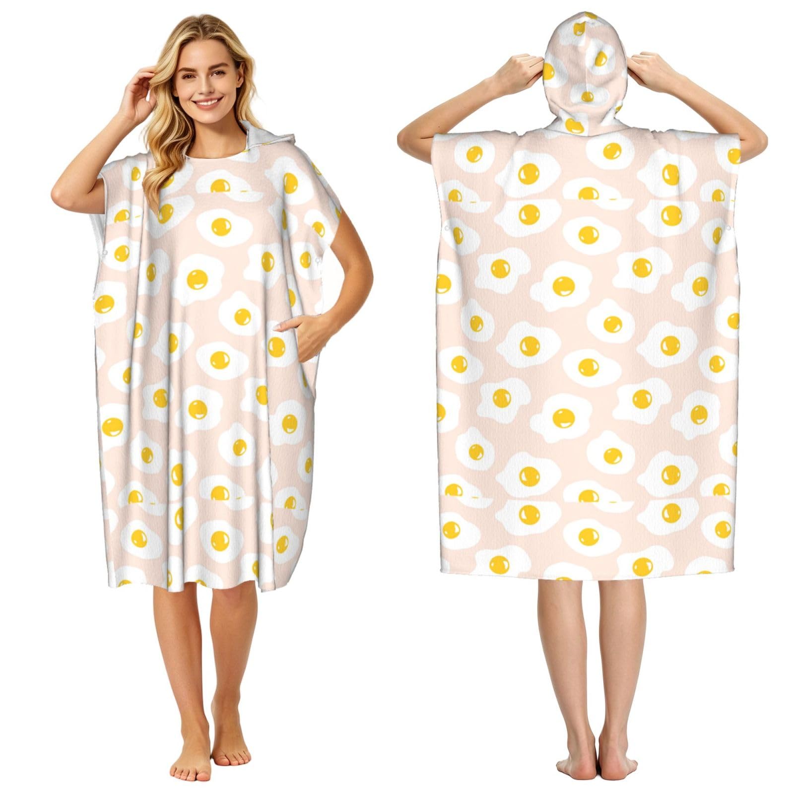 Poadnly Fried Egg Food Repeat, Adult Hooded Beach Towel 90 x 110 cm,Changing Bath Robe, Surf Poncho Towel For Women Men