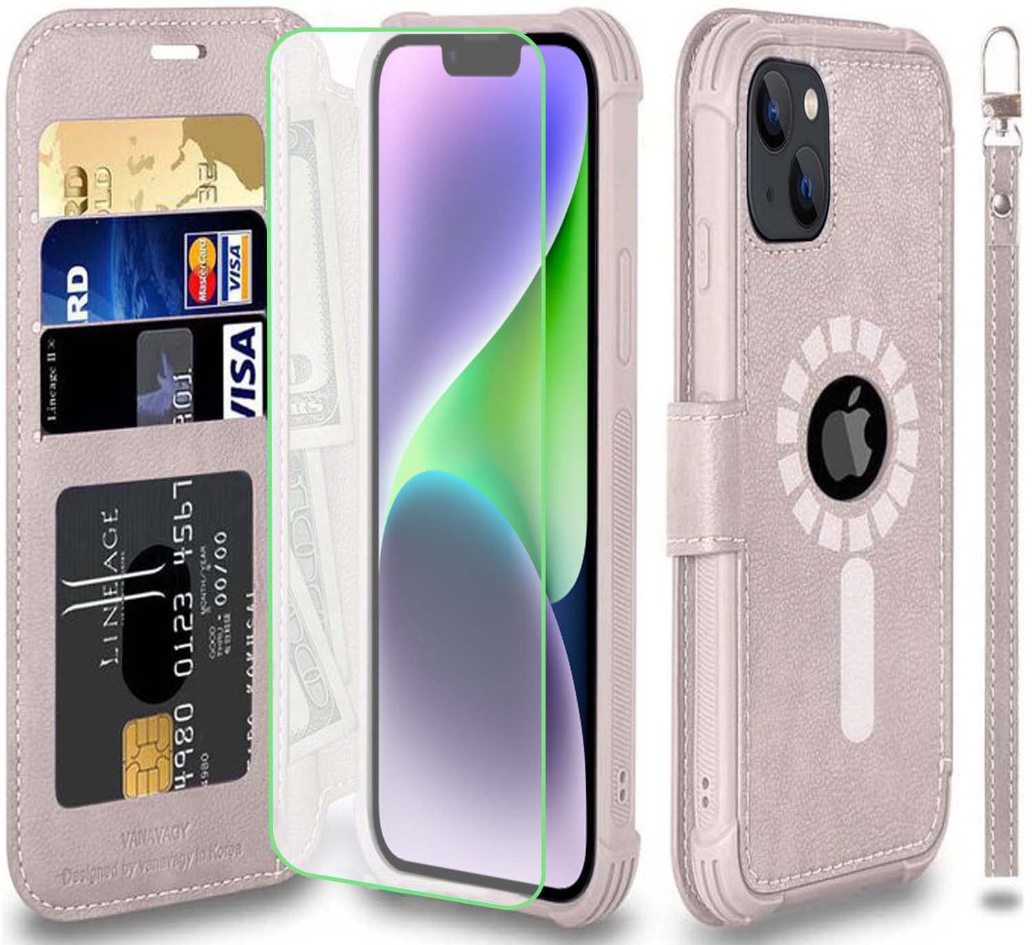VANAVAGY Wallet Case Compatible For IPhone 14/13 For Magsafe Wireless Charging,Leather Flip Wrist [Glass Screen Protectors]with RFID Blocking Card Holder,Purple - View #3
