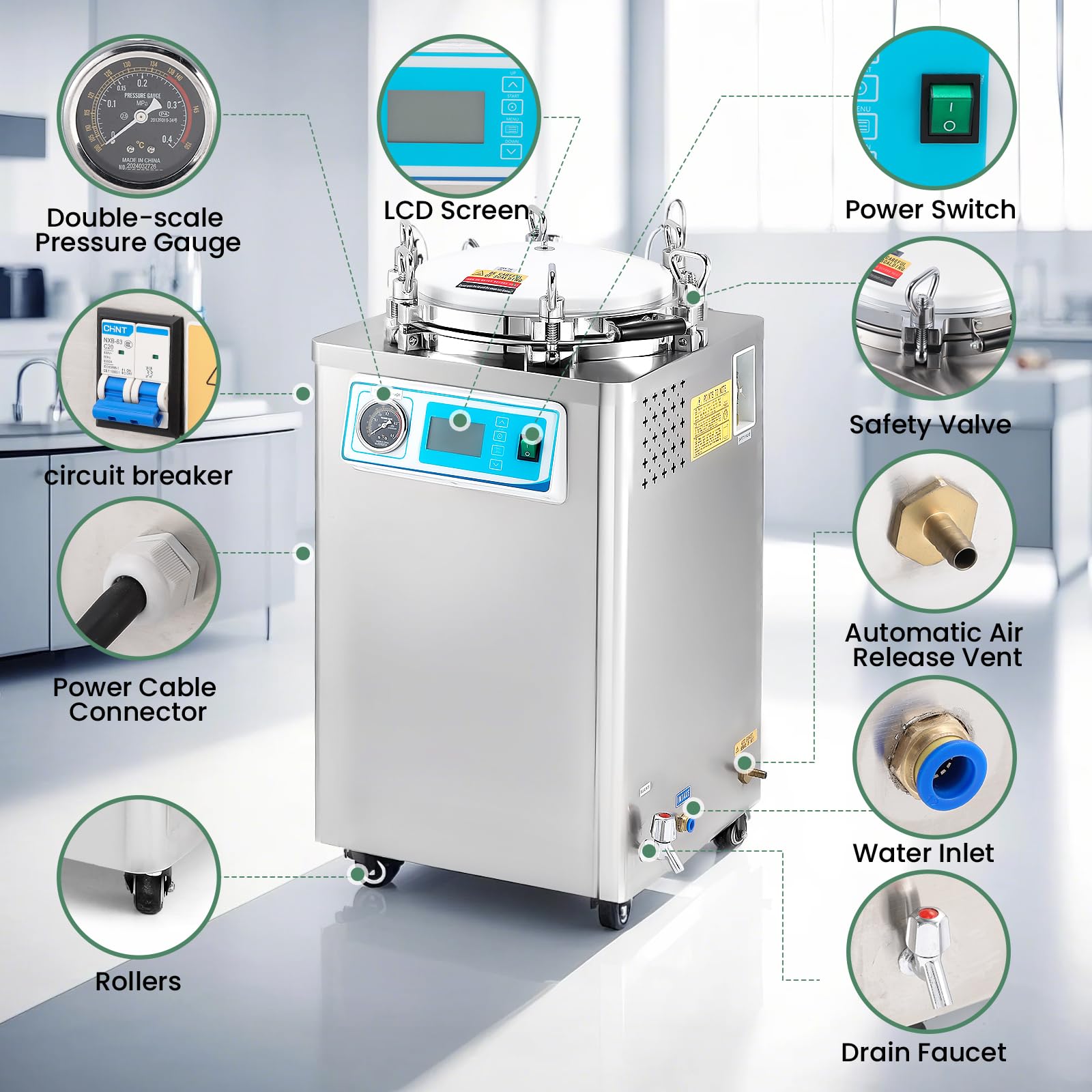 Huanyu 35L Esterilizador Autoclave Autoclave Vertical de gran capacidad con pantalla LCD Autoclave Esterilizador de vapor automático para laboratorio y universidad