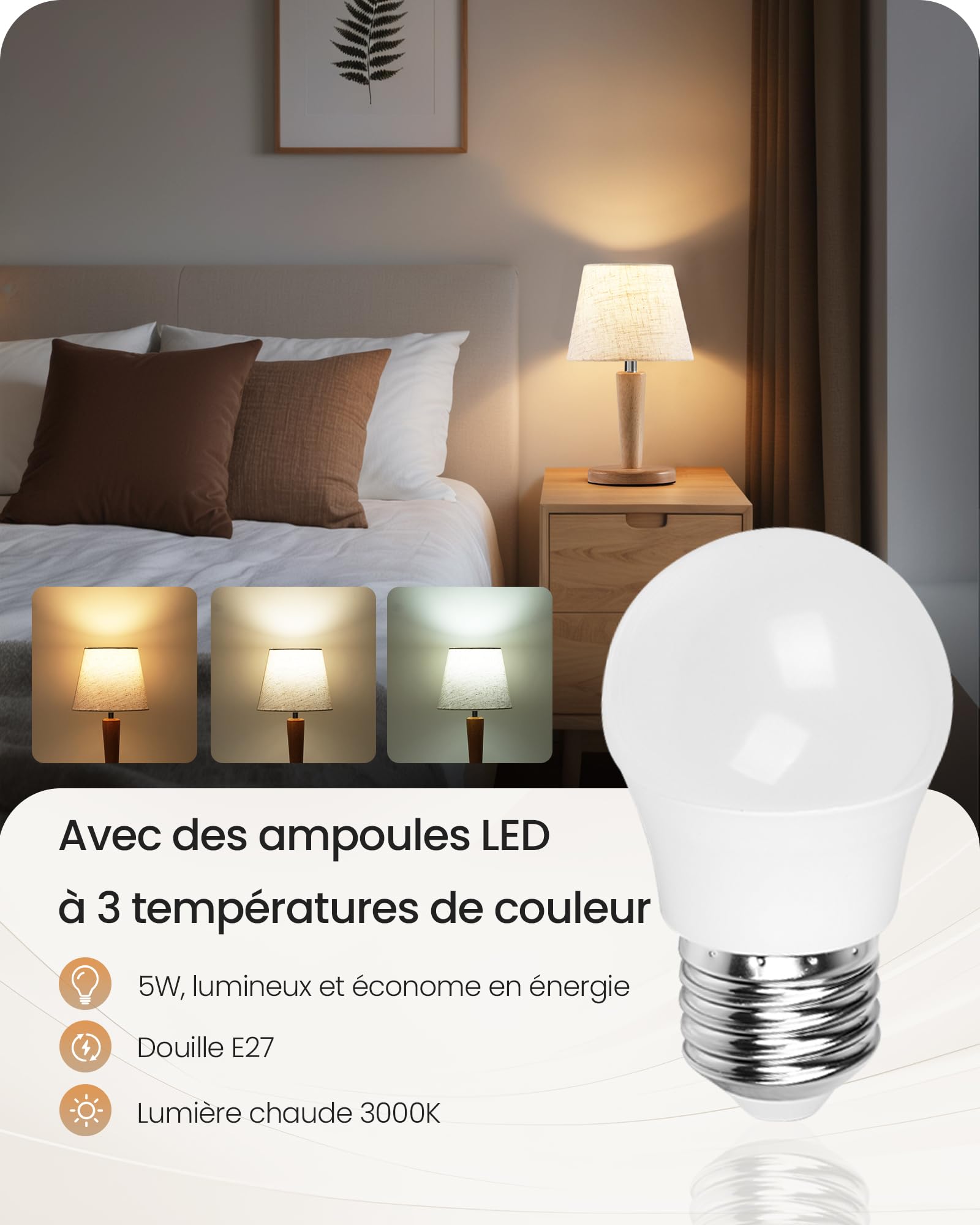 Lampe de Chevet en Bois Lot de 2, Abat-jour en Tissu Lin Beige, 3 Températures de Couleur, avec Fonction Mémoire, Ampoules LED E27 Incluses, pour Chambre, Salon, Bureau