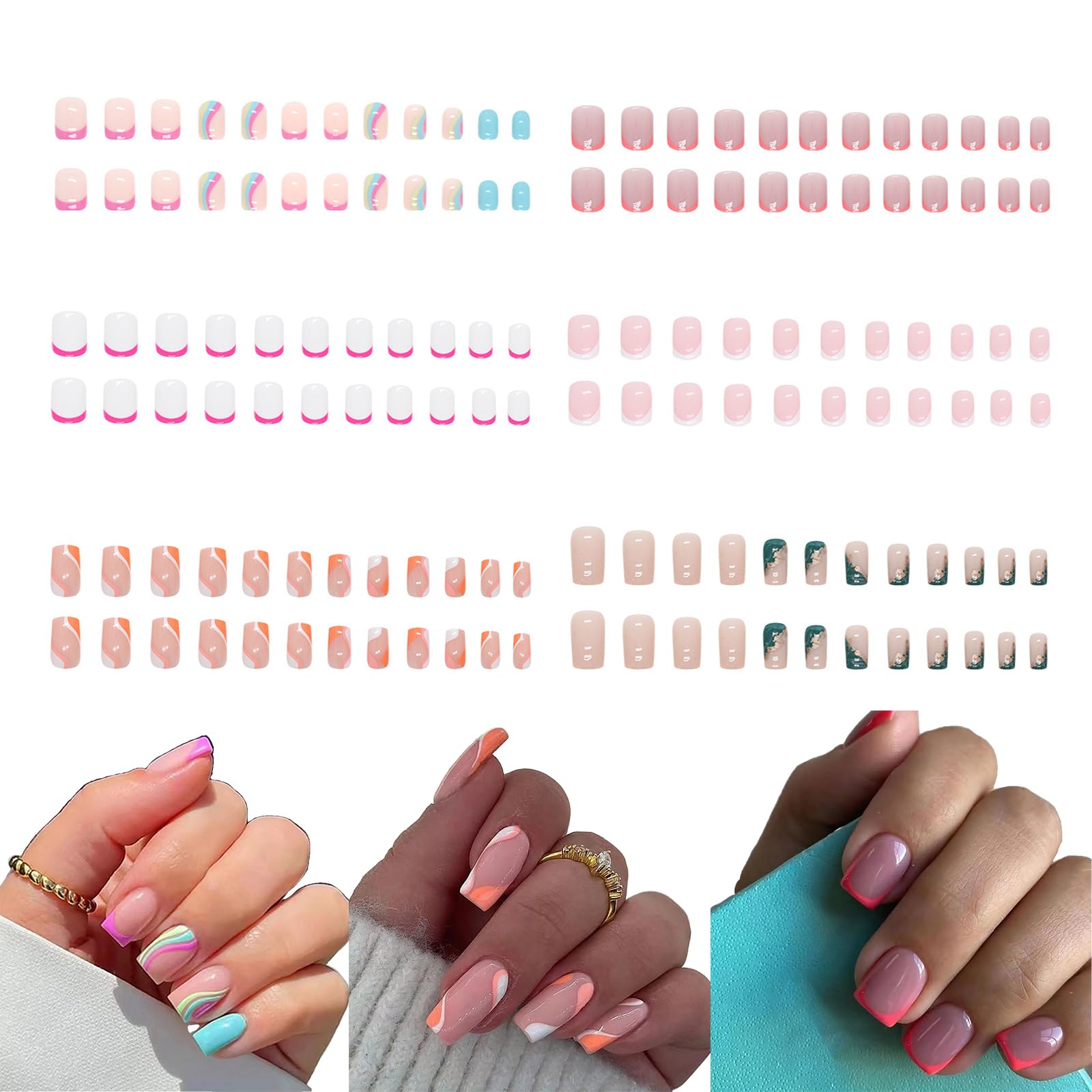 6 Packs (144 Pcs) Press on Nails Square - Eliongpu False Nails Short Medium Full Cover Glue on Nail Artificial Swirl Acrylic Fake Nails DIY Manicure