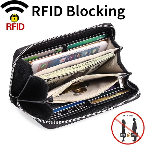 GOIACII Leather Women's Wallets, Large Capacity Long Ladies Purse Card Holder Purse for Women with RFID Blocking and Detachable Wrist Black