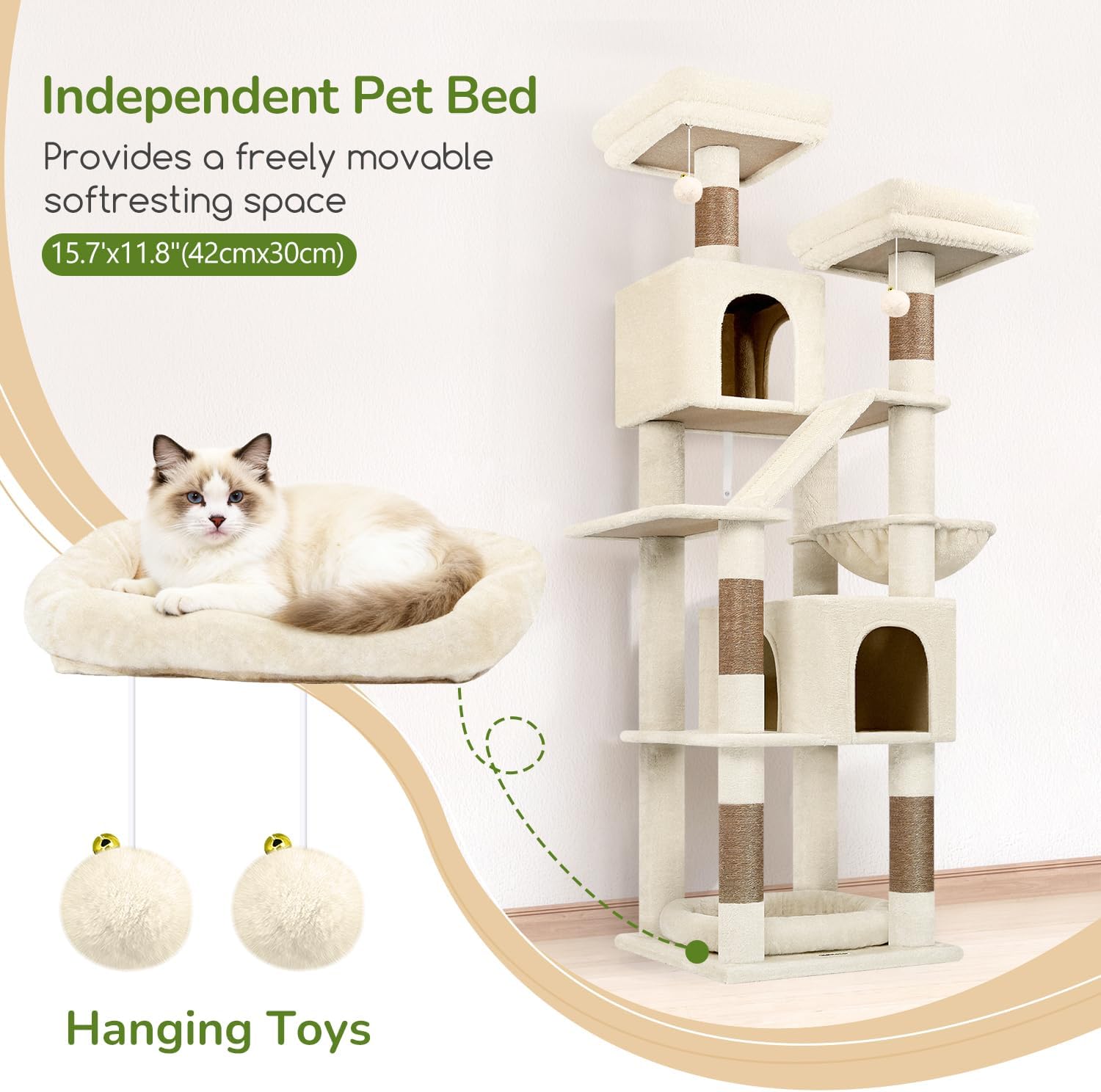 Globlazer 74" Cat Tree for Large Indoor Cats, Heavy Duty Multi-Level Cat Tower with Scratching Posts, Board, 2 Top Plush Perches, Spacious Cat Condo, Hammock, Extra Pet Bed, F74D, Beige