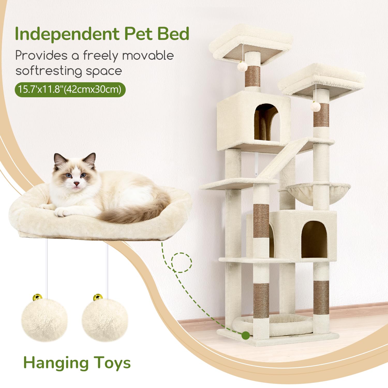 Globlazer Arbre a Chat Beige Grand Hauteur 189 cm avec 2 Niches, 2 Perchoirs rembourrés, Pente Sisal Peluche, Lit Amovible, Arbres à Chat Solide pour Chats Repos Jeu Escalade Intérieur (F74D, Beige) | Arbre à chat avec 2 maisons pour chat, 2 perchoirs rem