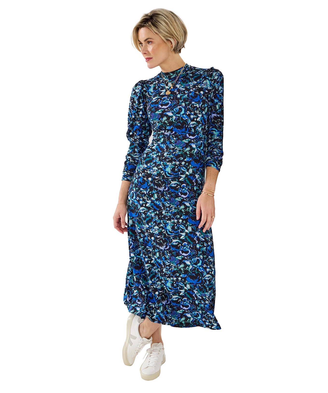 Joe Browns Women's High-Neck Vintage Frill Floral Jersey Midi Dress, Petite, Blue, UK 8