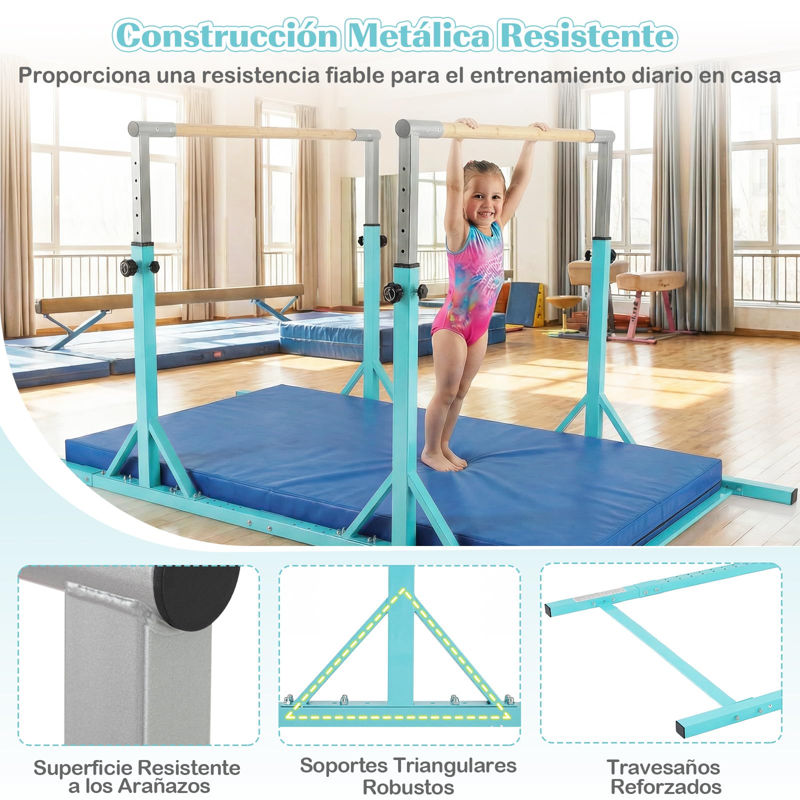 COSTWAY Barras Paralelas Gimnasia niños, Altura Ajustable en 13 Niveles y Ancho Ajustable en 6 Niveles, Barras Horizontales Dobles, Entrenamiento para Interior y Exterior, Carga 160kg