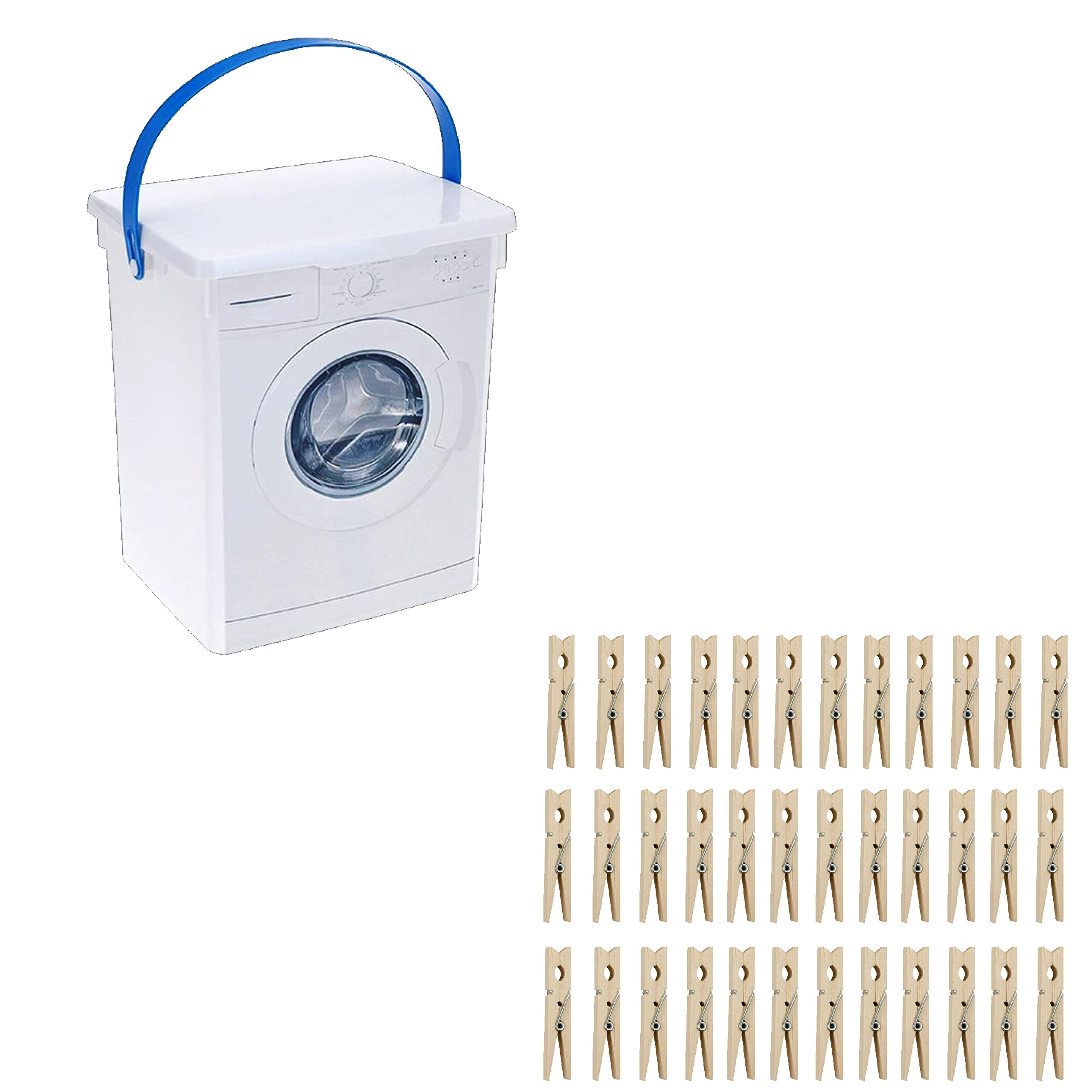 Sul White Powder Storage Box Peg Storage Basket Container With Lid Washing Powder Storage Box 5L With 36 Wooden Clothes Pegs, Dishwasher Machine Soap Tablet Box (White Powder Storage Box)