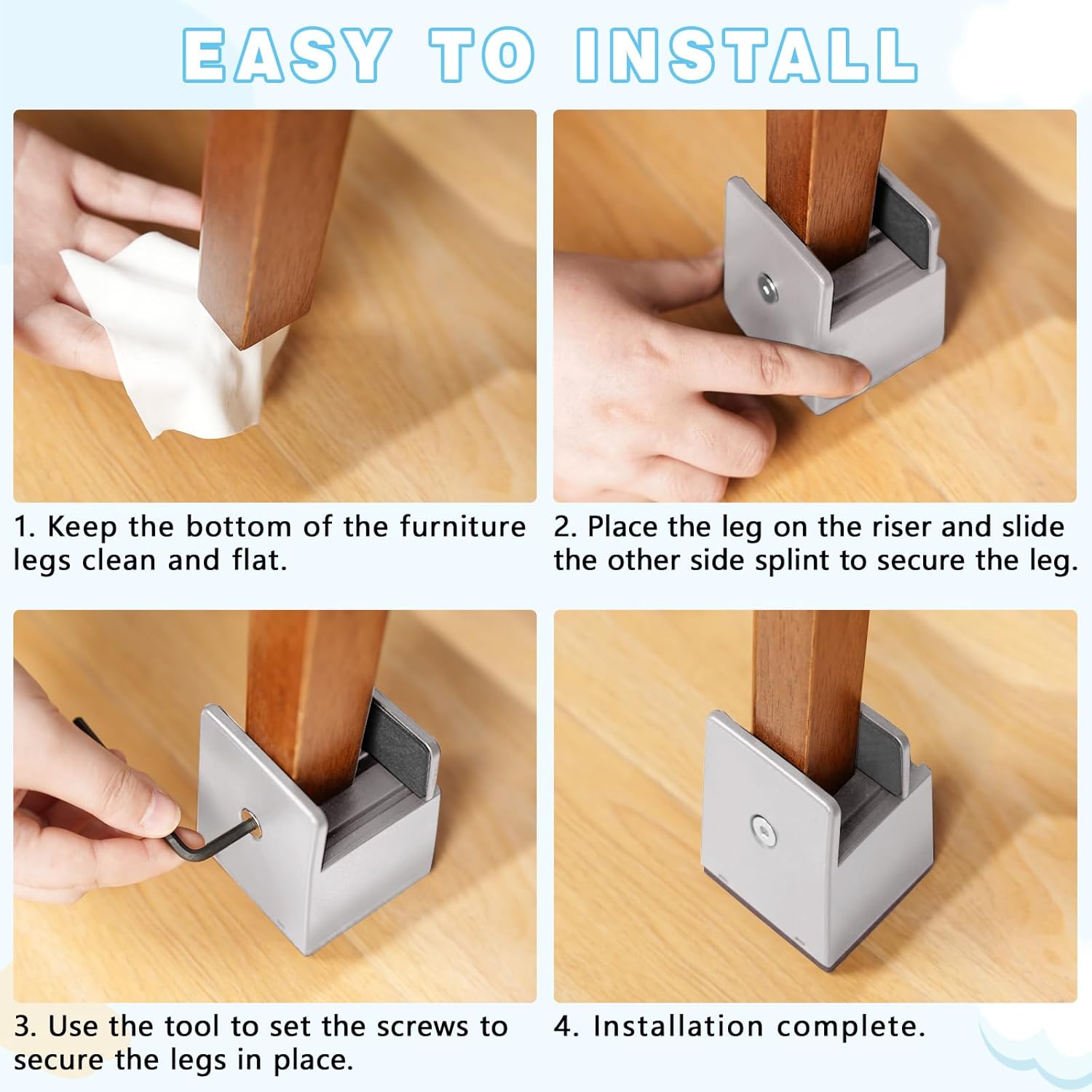 SEISSO 2 Inch Heavy Duty Bed Risers, 4 Pack Furniture Risers with Adjustable Screw Clamp, Dorm Bed Lifts Risers Support to 1000 Lbs Fit for Table, Desk, Couch, Chair Leg Extenders (Beige Gray)