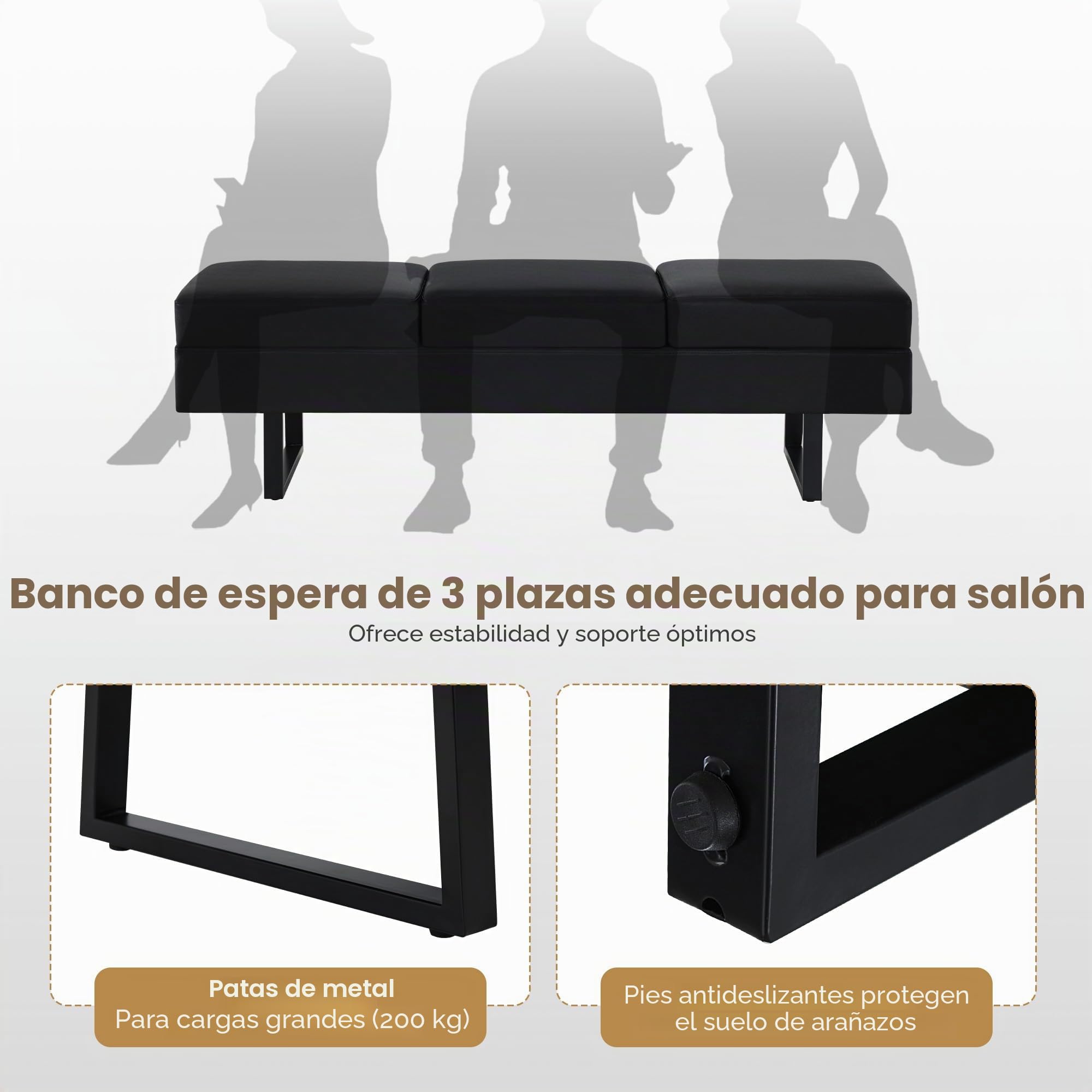 BarberPub 3 plazas para salón de SPA, Ancho 153 cm, Banco de Espera para peluquería, Acolchado para Dormitorio, de Cama para salón, mobiliario de peluquería W513 (Negro/Cuero sintético)