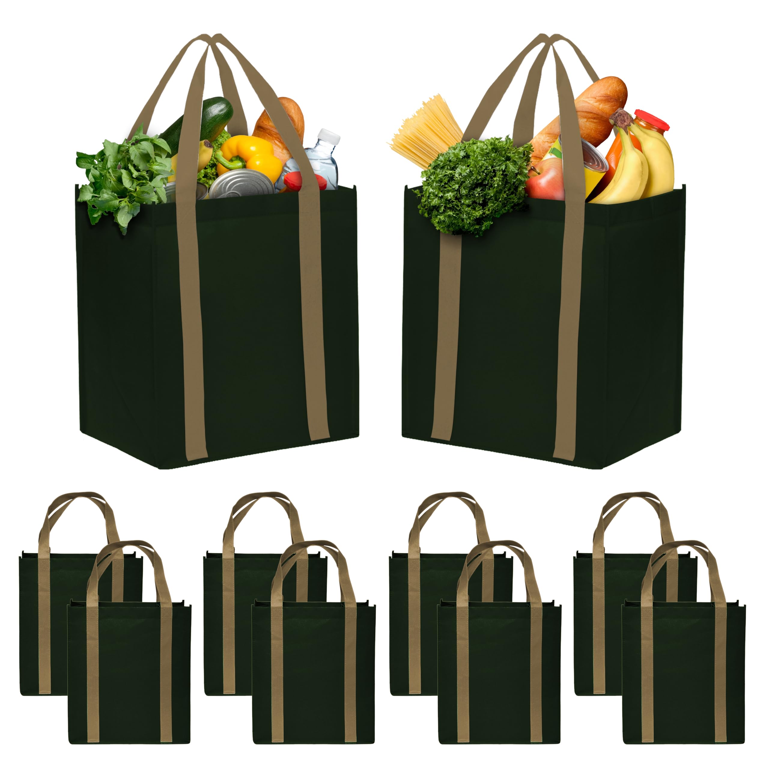 DISCOUNT PROMOS Non Woven Shopping Tote Bags Set of 10, Bulk Pack - Reusable, Great for Shopping, Grocery, Beach, Picnic, Wedding Favors - Forest Green Khaki Blank– Forest Green Khaki 10 bags