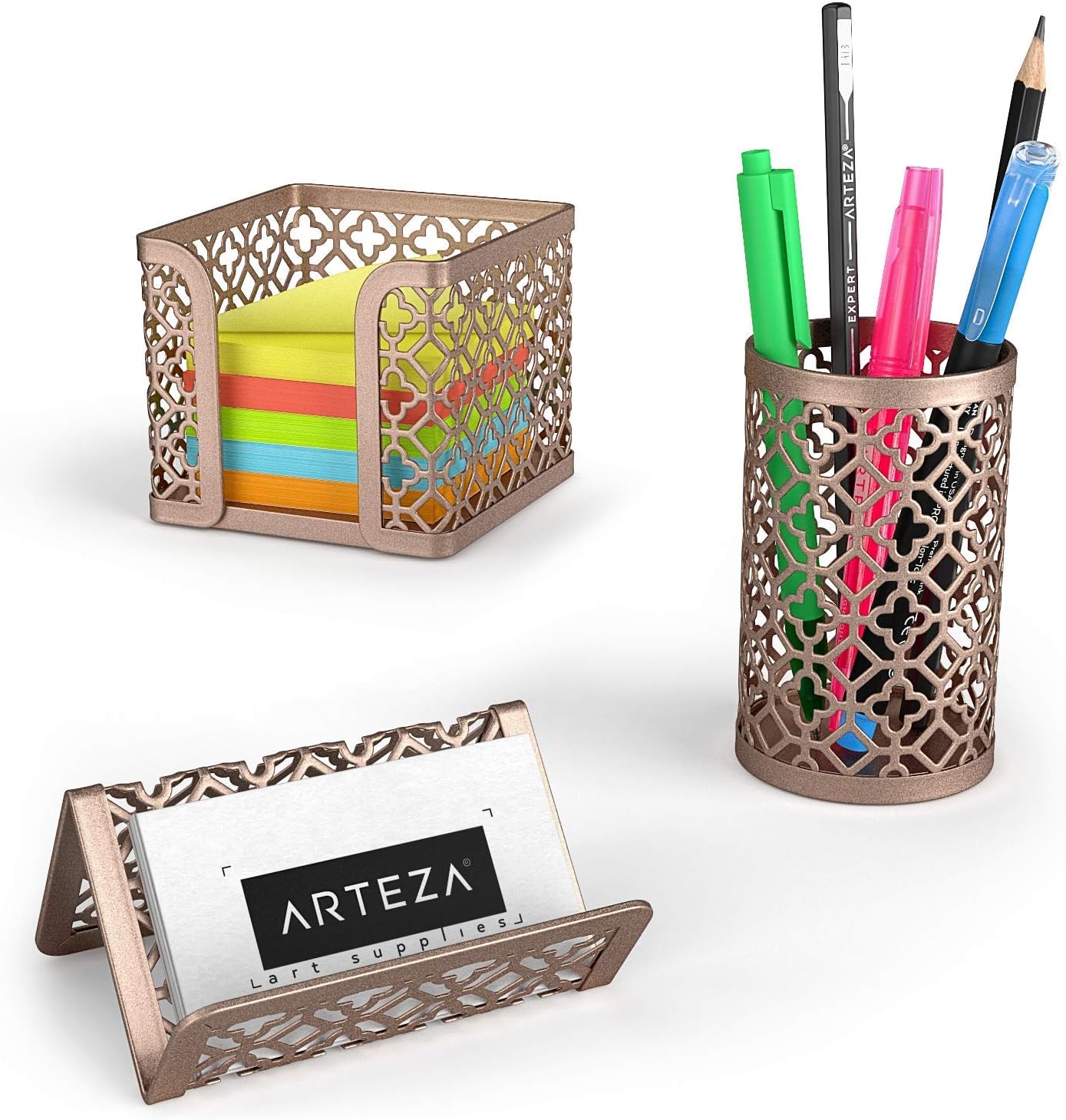 ARTEZA Desk Organizer Set, 6-Piece Rose Gold, Includes Pencil Cup, Letter Sorter, Tray, Magazine Holder, Name Card & Sticky Note Holder