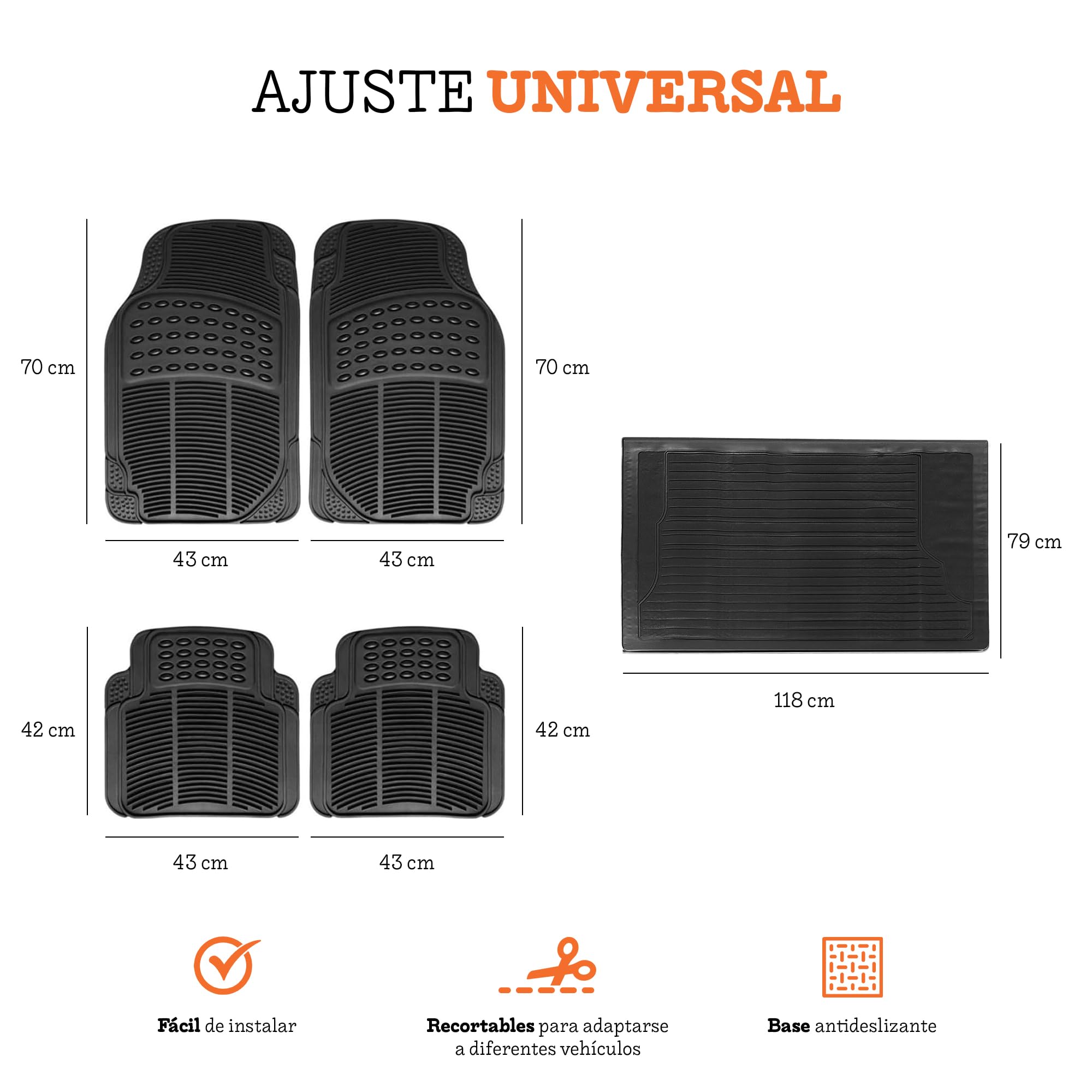 Alfombrillas Coche Universal Pack 5 Piezas Interiores (2 Delanteras + 2 Traseras + Alfombrilla Maletero Coche), Alfombrillas Coche Goma PVC Flexible Impermeables, Antideslizantes y Recortables