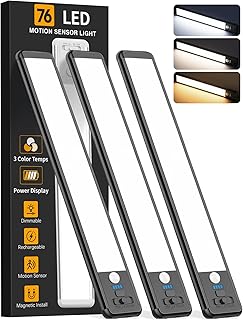Under Cabinet Lighting Wireless, 10inch Motion Sensor Light, 3Pack-Black | Rechargeable, 3 Color Temps, Dimmable, Power Display, LED Closet Light Magnetic, Under Counter Lights for Kitchen Shelf Home