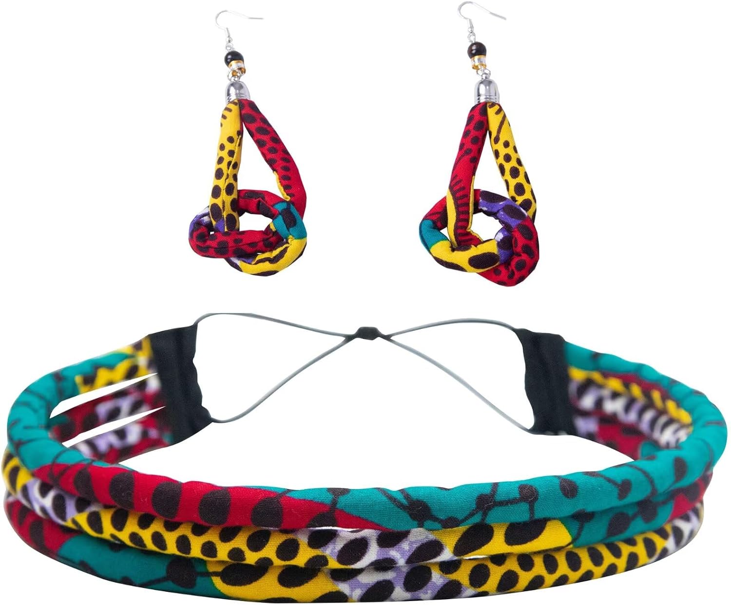BintaRealWax Women's African Headband with Earring African Printed Headdress Three Strand Rope Adjustable 3PS