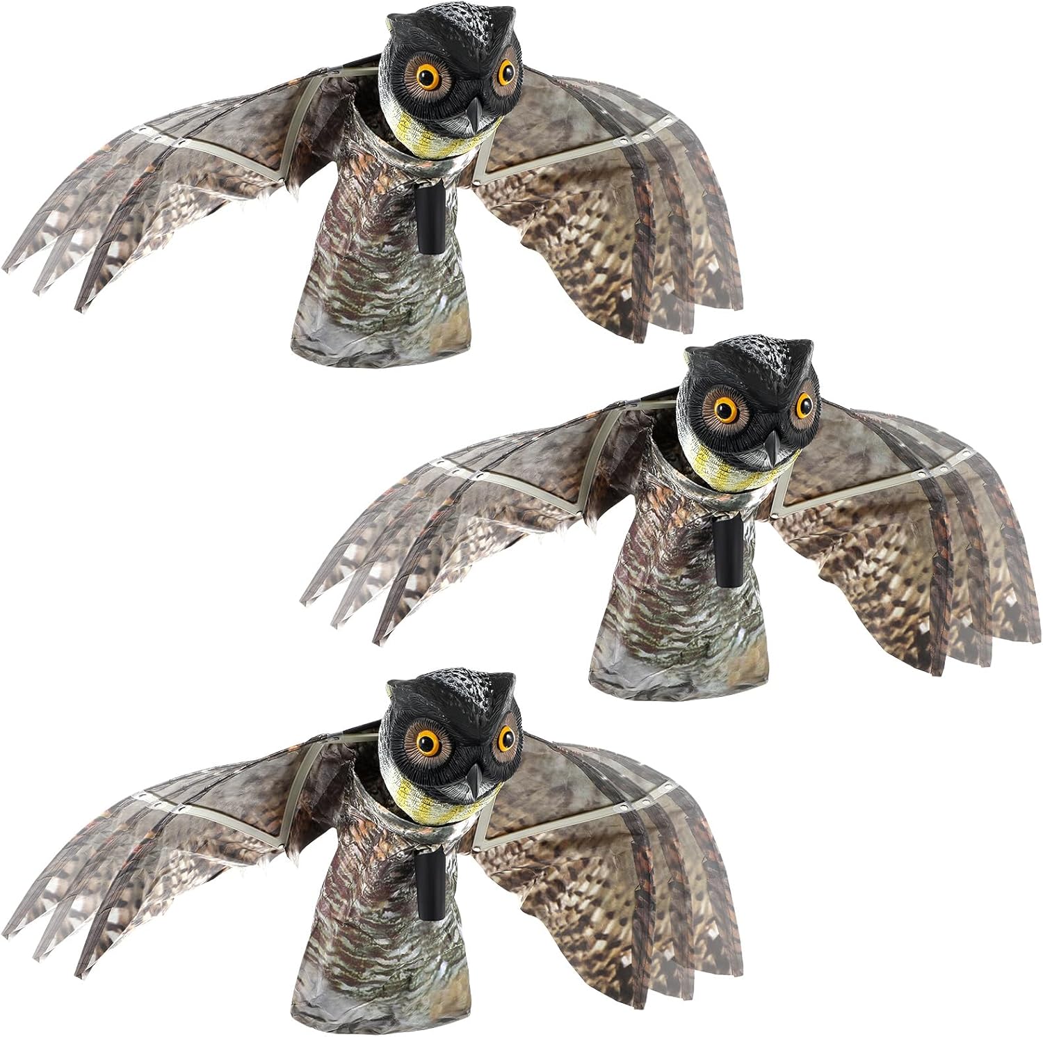 Qualirey 3 Pack Owl Decoys to Scare Birds Away Owl Bird Deterrents Fake Owl with Moving Wings Plastic Owls Pest Repellent Owl Statue for Outdoor Garden Yard Decoration