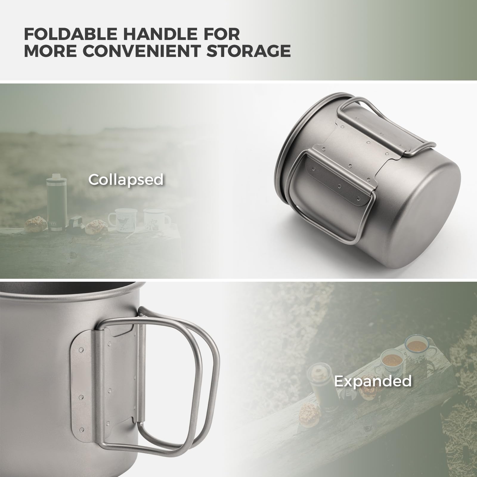 Tazza da Campeggio in Titanio 375ml, Tazza per Viaggio con Manico Pieghevole Antiscottatura e Coperchio Appendibile con Sacca di Stoccaggio, Leggero e Portatile, Escursionismo Trekking Picnic