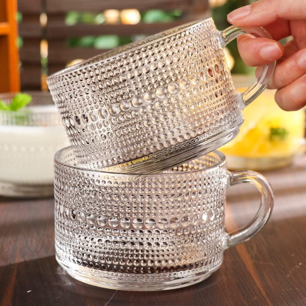 Vintage Glass Coffee Mugs Set of 4, 14 Ounces Embossed Glass Coffee Cups Stackable Coffee Mugs for Cereal, Yogurt, Latte, Clear Breakfast Cups with Handle for Hot or Cold Beverages (Beads*4) - Image 8