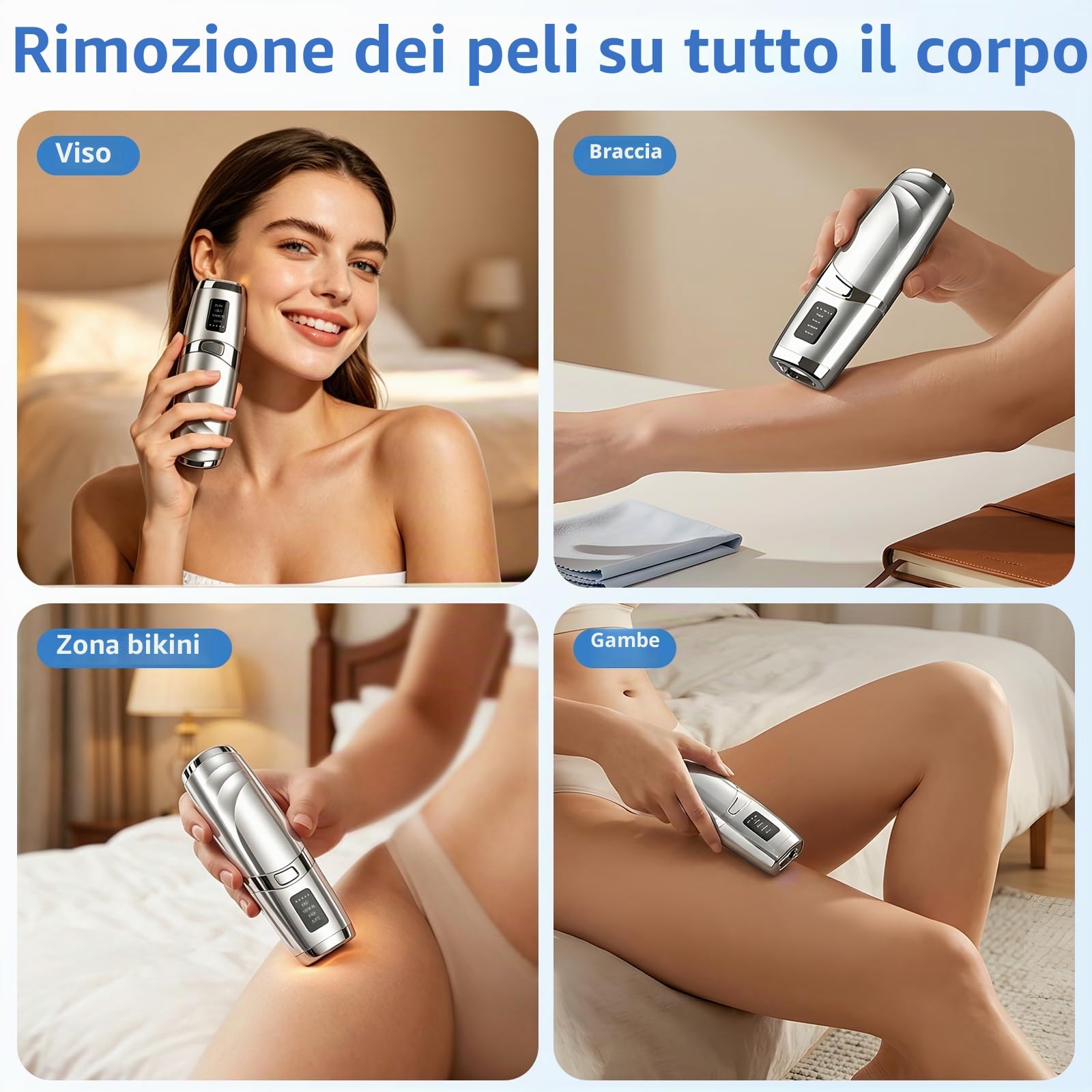 Epilatore Luce Pulsata, Dispositivo di Epilazione IPL, Epilatore Laser Indolore per Donna e Uomo, 999,999 Flashes per Risultati Duraturi, Laser Peli Donna, per Viso, Ascelle, Bikini, Corpo, Argento