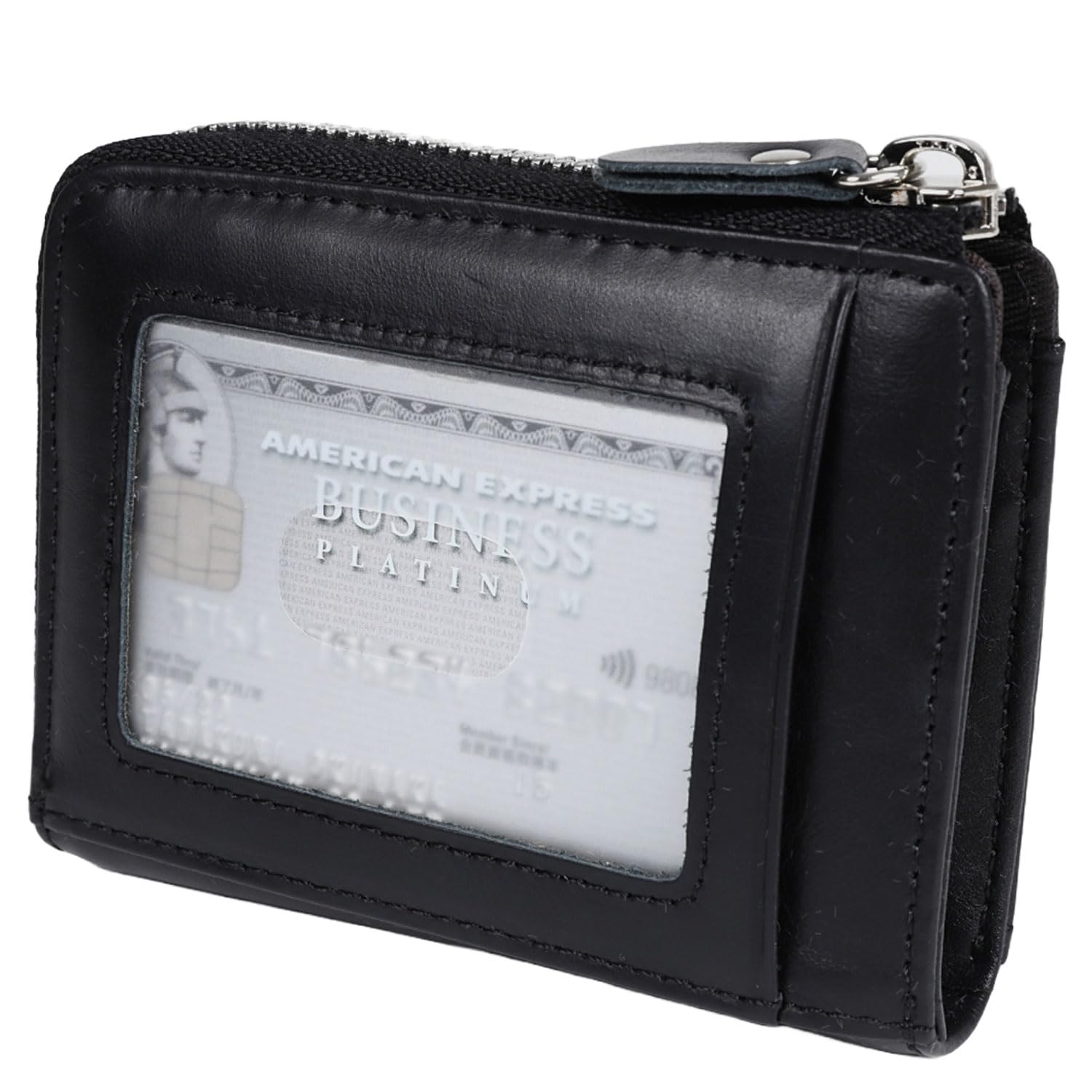 Shoebill Zipper Leather Wallets Credit Card Holder Card Cases with ID Window for Men Women (Black)