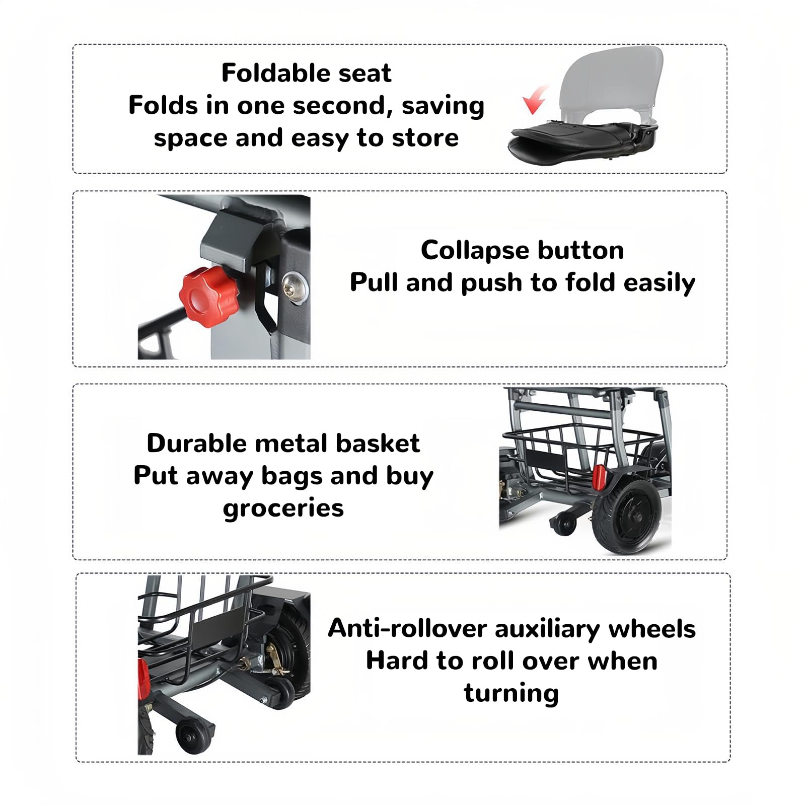 Scooter per Anziani, Scooter Elettrico Pieghevole, Scooter per Disabili A 4 Ruote, Telaio in Lega di Alluminio, con Sedile E Cestino, Carico Massimo 120 Kg/265 Libbre