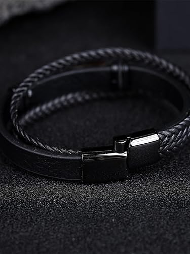 Miniatura 6 de Pulsera trenzada de cuero negro de obsidianaturquesaojo de tigreágata roja, pulsera trenzada de varias capas con cierre de acero inoxidable, caja de