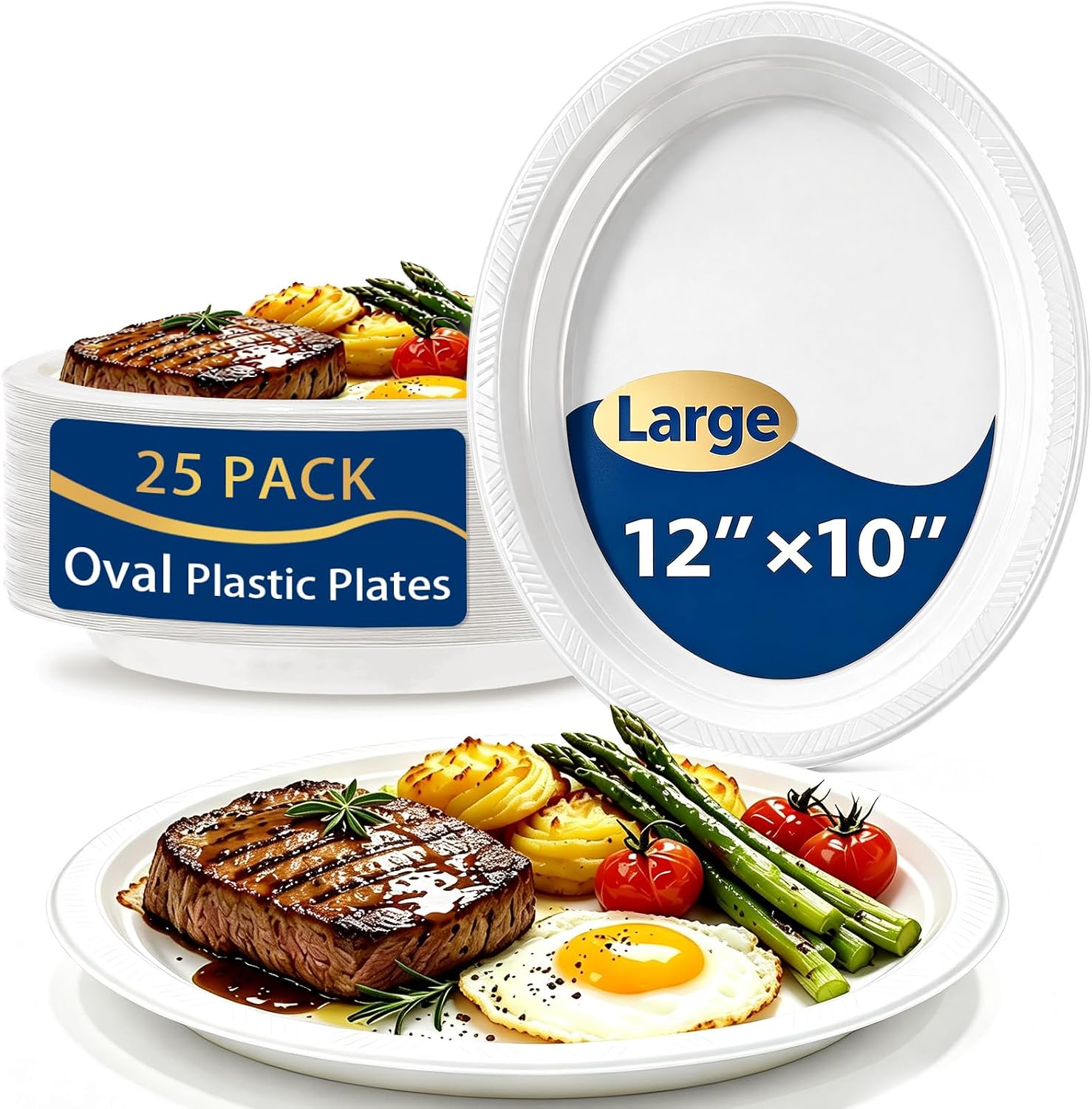 25 Count 10x12 Inch White Plastic Plates, Disposable Oval Plates