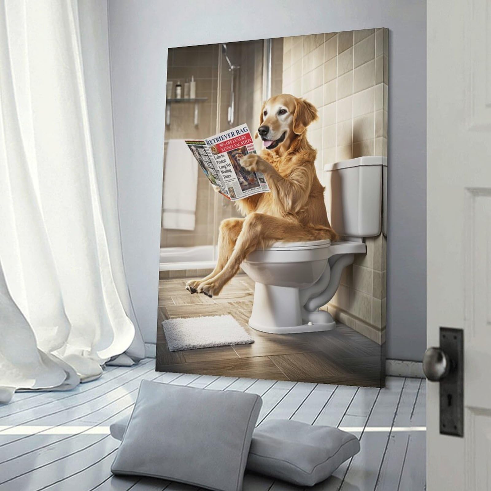 Junmoney Frame-Style-1 Home Decor Wall Art Golden Retriever On Toilet, 20X30inch(50X75cm), For Bedroom Decor, Cosy Corners Or Studios, Decorative Wall Art For Cosy Rooms