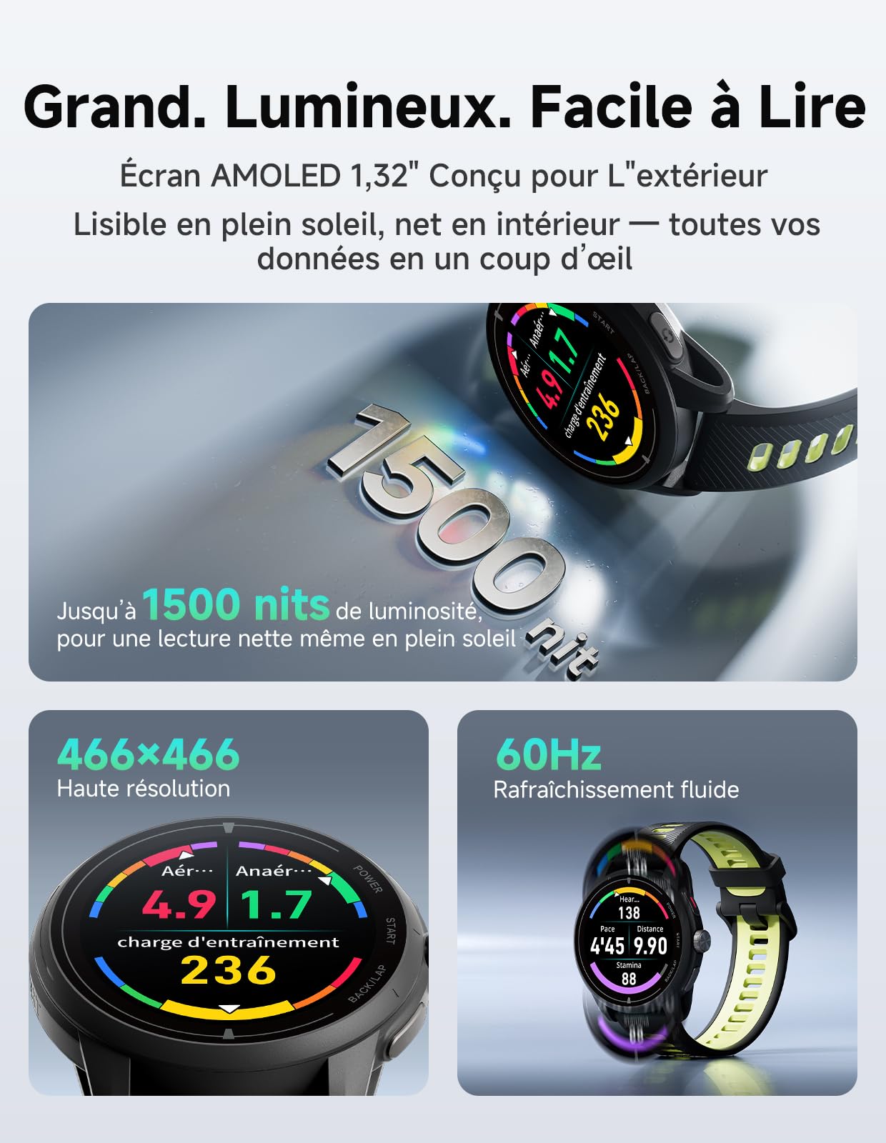 iGPSPORT VeRun Montre Connectée Sport, 1,32" AMOLED Entrainement Coach Navigation Hors Ligne Autonomie 14 Jours GPS Double Fréquence Étanche Ultralégère Montre Running