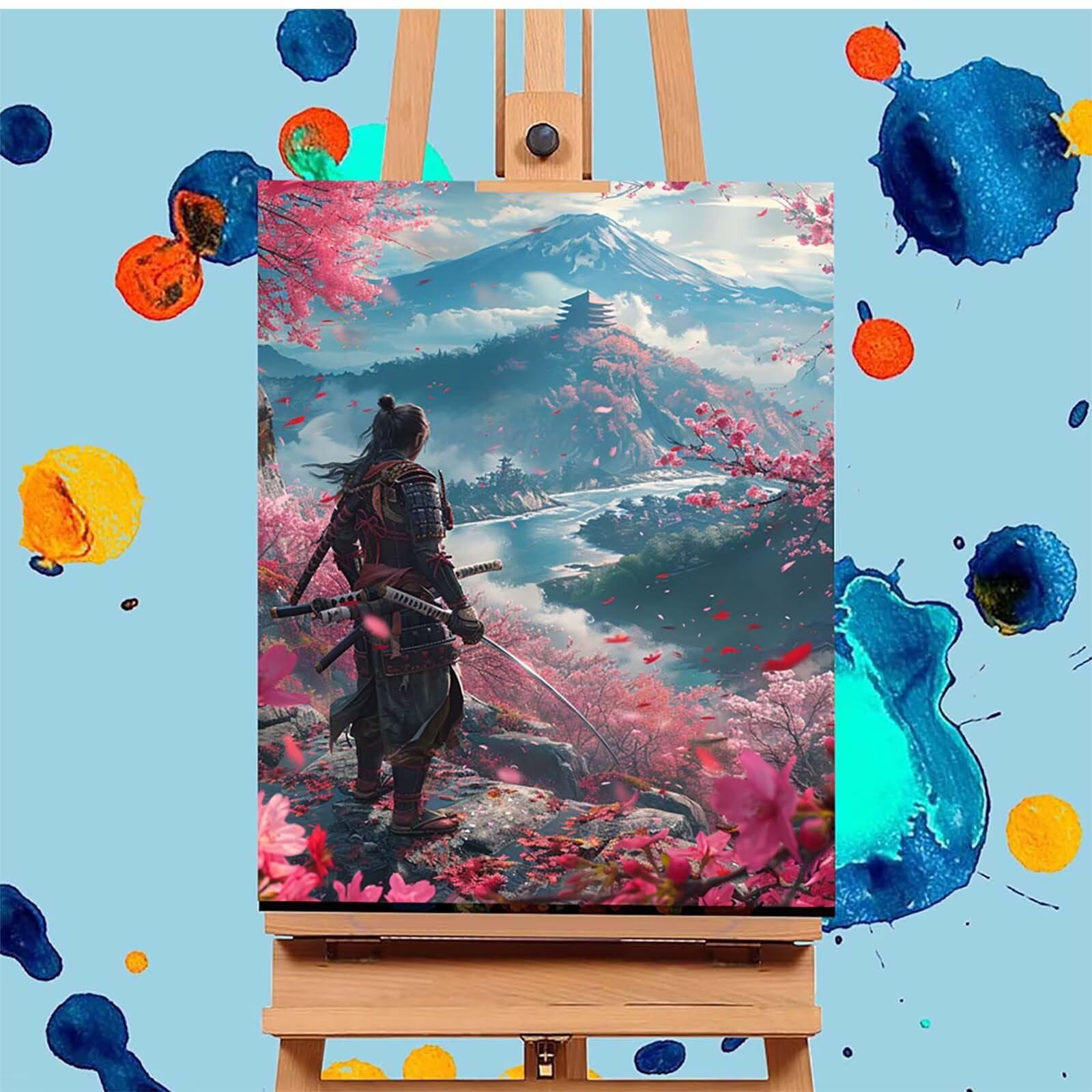 Samurai Malen Nach Zahlen Erwachsene mit Rahmen, Malen Nach Zahlen Rivers, DIY Set Erwachsene, Paint by Numbers Set mit Pinseln und Acrylfarben, Deko Wohnzimmer, Geschenke für Frauen 70x95cm 1-1239