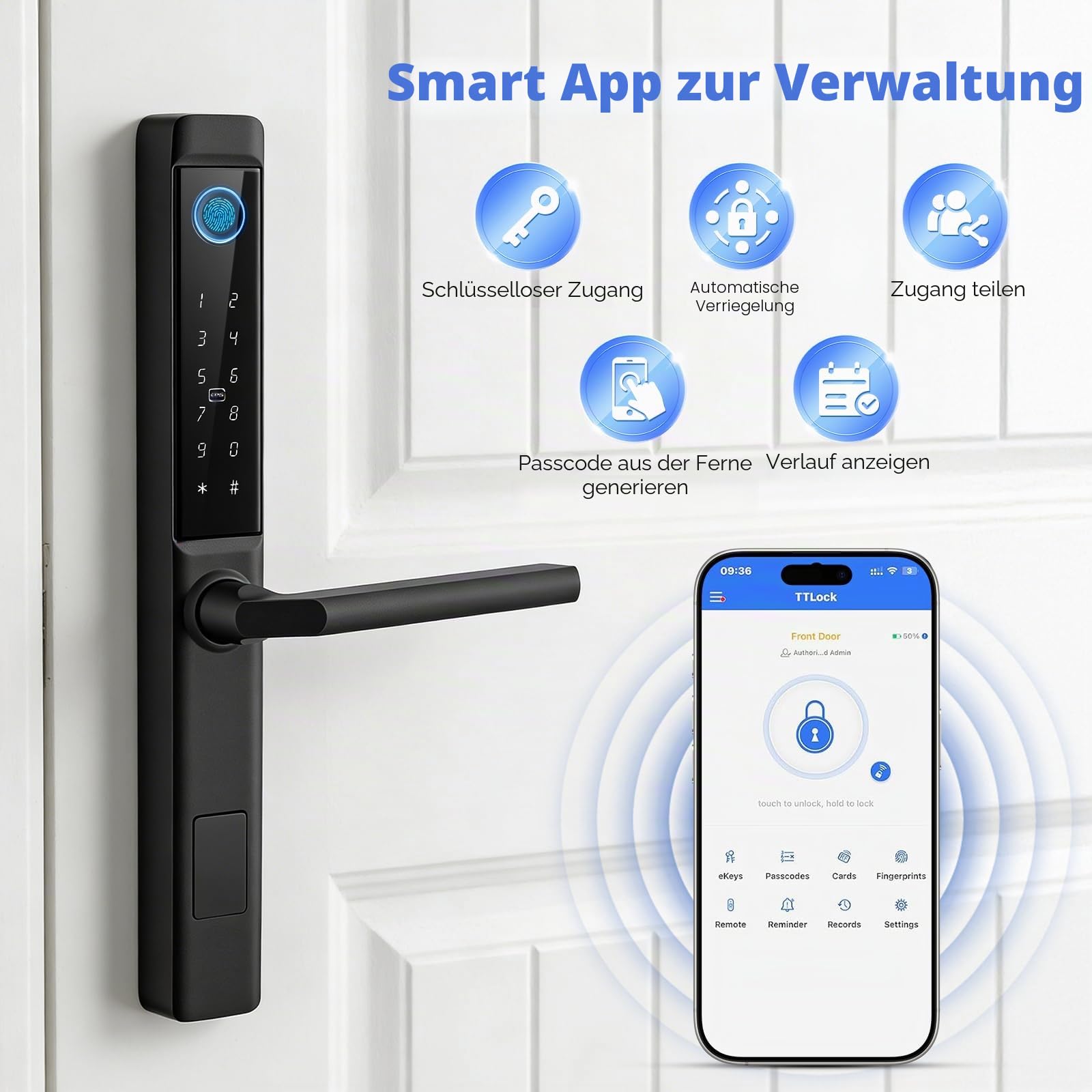 Smart-Türschloss Fingerabdruck-Türschloss, Intelligentes Haustürschloss mit Griff & Touch-Tastatur, Semiconductor-Fingerabdruck, RFID/APP/Code/Fernbedienung, für Aluminium-Holz-Vorhänge