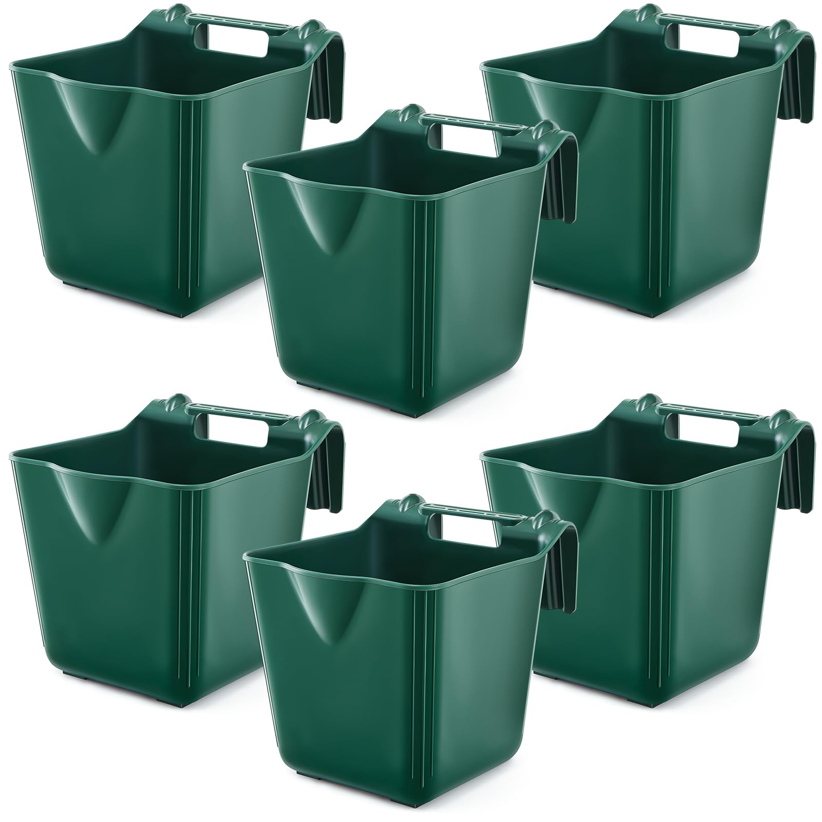 6 Pcs 15 Quart Plastic Hook Over Horse Feed Bucket for Stall Fence, Green