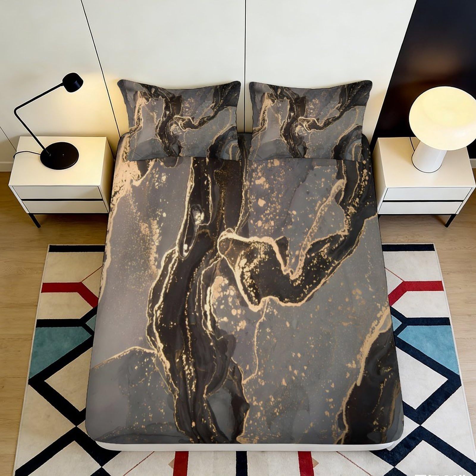 Pnayamiorkfel Style-5 3D Printed Black Marble Fitted Sheet Microfiber Soft Breathable Gold Abstract Mattress Cover For Bedroom Dorm Decor 90X200x25cm