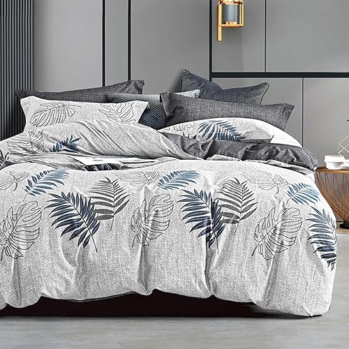 Miniatura 11 de Juego de edredón floral de algodón natural de 3 piezas - Edredón gris con ramas marrón y hojas grises sobre blanco, juego de ropa de cama reversible