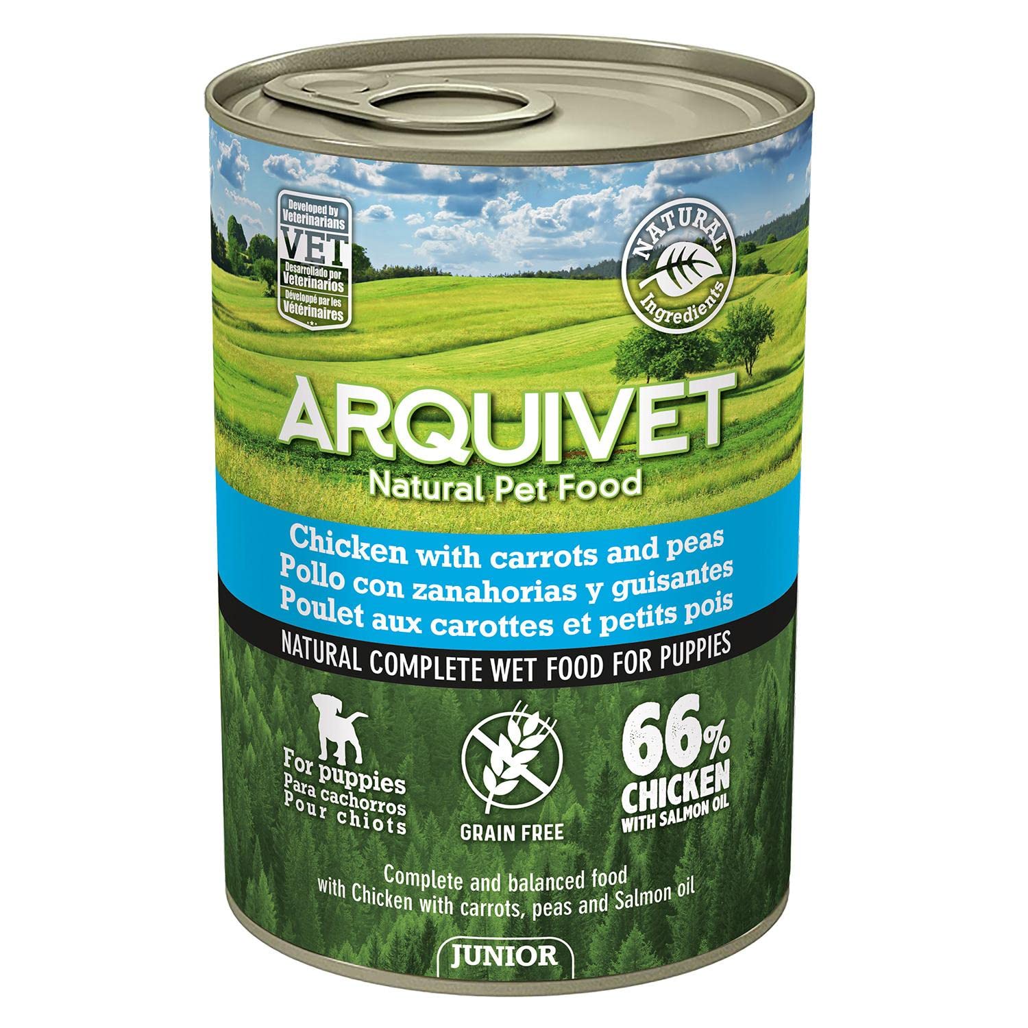 ARQUIVET Junior Pollo con Zanahorias, Guisantes y Aceite de salmón 400 gr - Lata de Comida húmeda para Perros Cachorros - Todas Las Razas - Alimentación Natural Canina