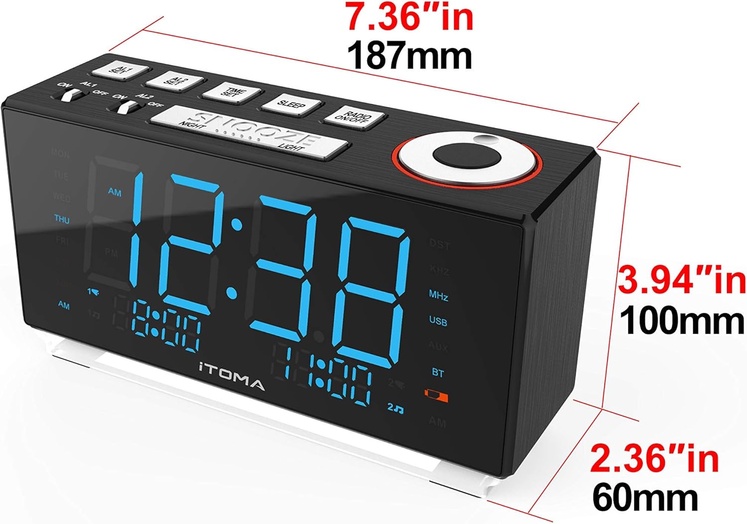 iTOMA CKS508 / iR508 Digital FM Alarm Clock Radio with dimensions labeled