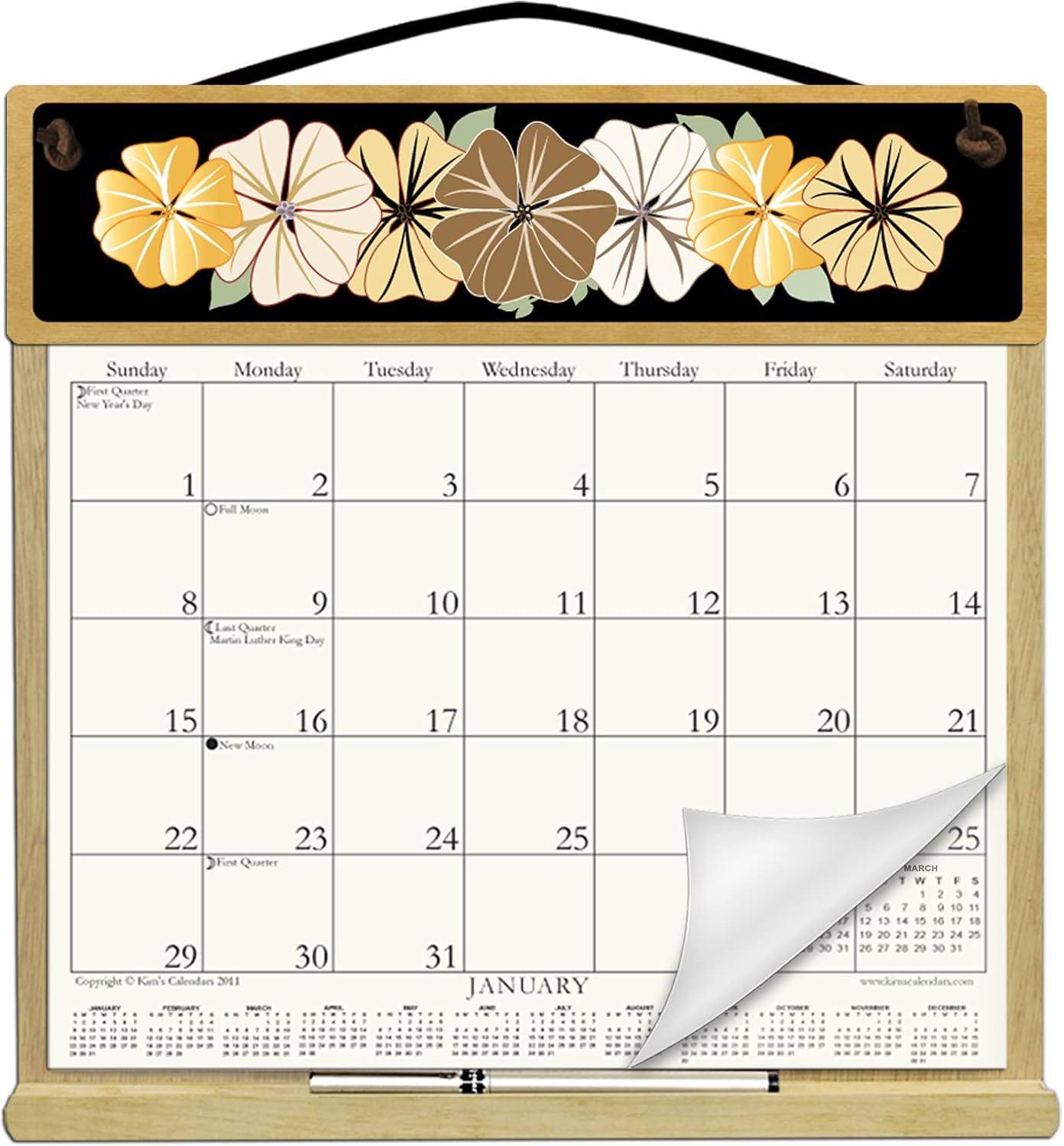 Wooden Refillable Calendar Holder Filled with the Rest of 2026 and 2027 calendars and Includes an Order Form Page for 2028-FLOWERS ON Black