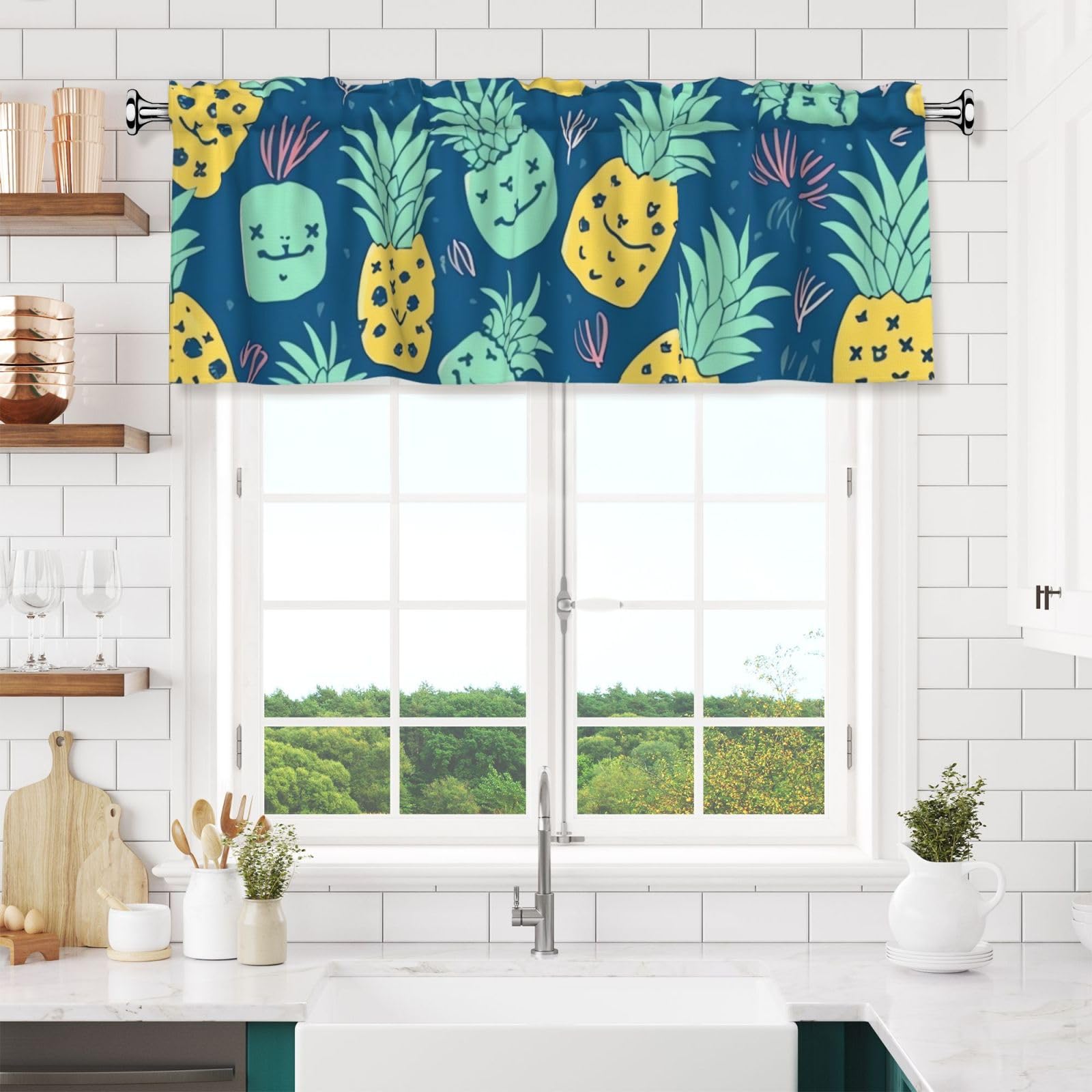 NONHAI Cute Pineapple Pattern Valances for Windows Short Curtains Rod Pocket Cafe Window Treatments Valance Curtains for Kitchen Bathroom Laundry Basement Windows 54x18inch Blackout Window Valance