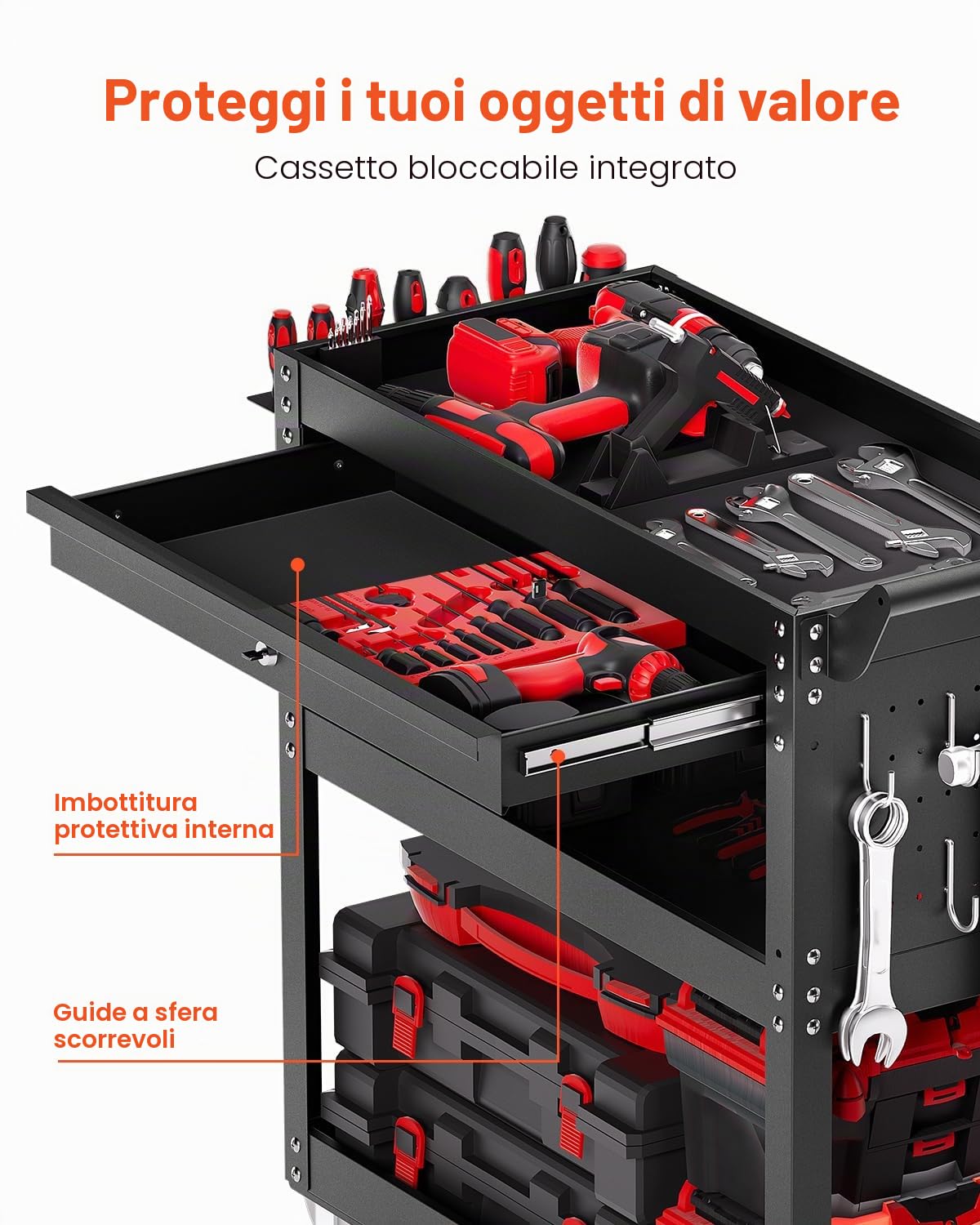 VEVOR Carrello Portautensili a 4 Ripiani con Ruote, Carico 160 kg Carrello da Lavoro con Cassetto e Pannello Forato, Organizzatore per Utensili Meccanici con Sistema di Bloccaggio per Garage, Nero