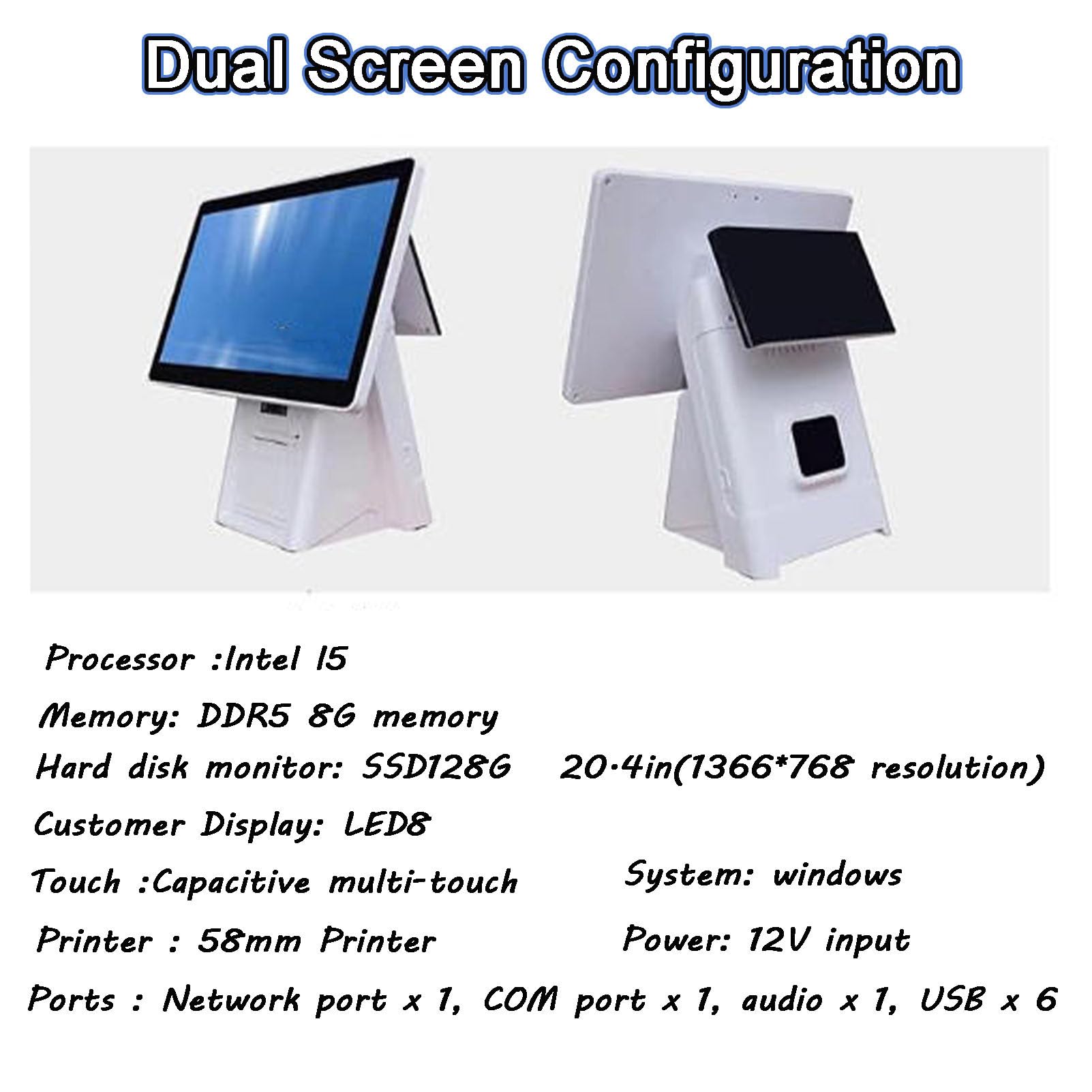 Terminale POS per la vendita al dettaglio, design a doppio schermo touch, con altoparlante integrato, guscio resistente e facile da pulire, dispositivo di alta qualità, negozio di articoli vari