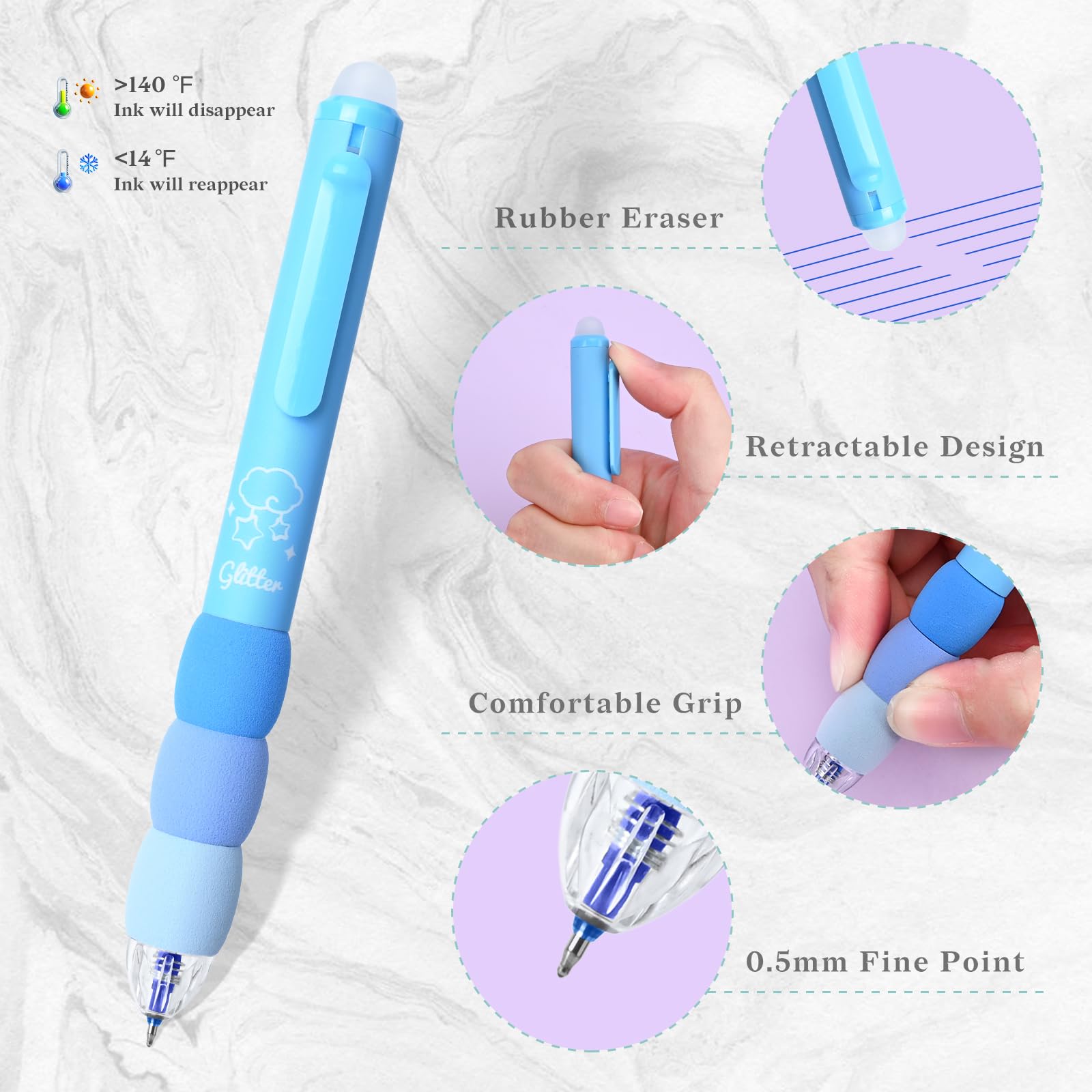 Temiary 18 penne gel cancellabili retrattili estetiche, fanno scomparire gli errori, 8 penne e 10 ricariche, penna per scrittura liscia a cartoni animati, penna a inchiostro nero e blu da 0,5 mm,