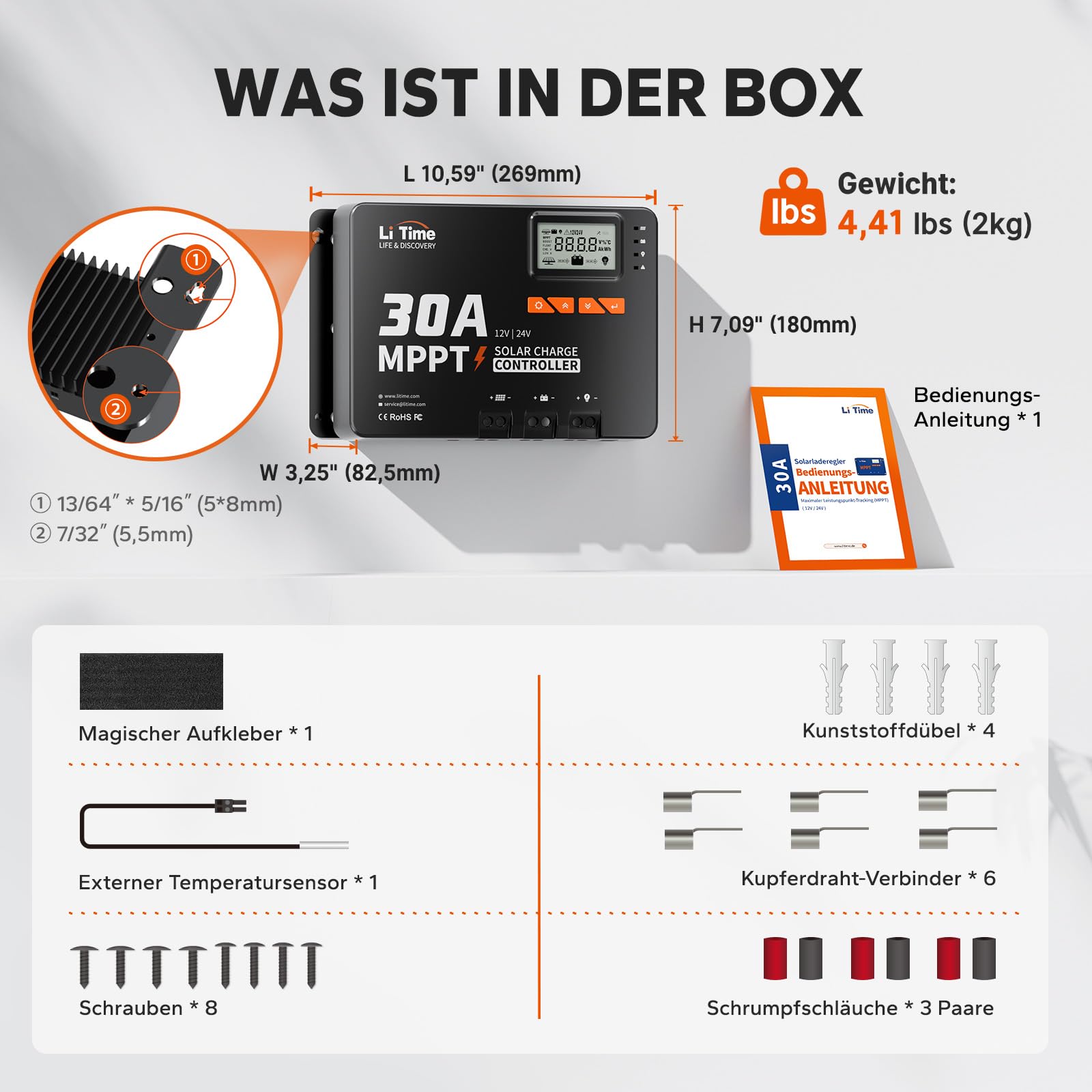 LiTime 30A MPPT 12V/24V Auto DC Input Solar Laderegler mit Bluetooth-Modul, Parameter einstellbares LCD-Display, LED-Anzeigen Solarpanel Regler, für Lithium Batterie