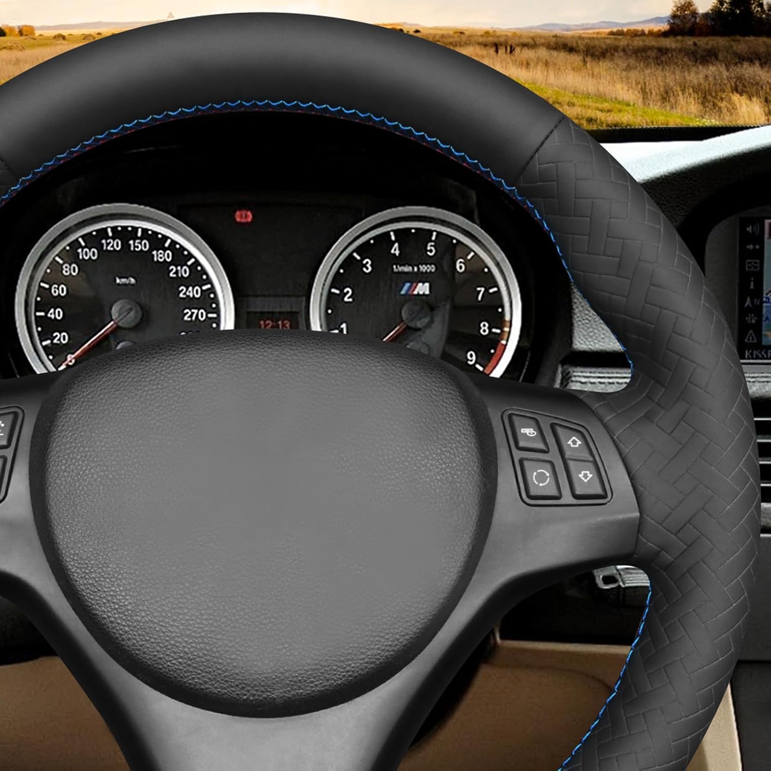 MEWANT DIY Black Smooth Woven Embossed Faux Leather Steering Wheel Cover for BMW M Sport E81 E82 E87 E88 E90 E91 E90