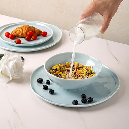 Miniatura 3 de Juego de 4 platos de cerámica y cuencos de porcelana con borde ondulado, apto para microondas y lavavajillas y horno, juego de platos ligeros y