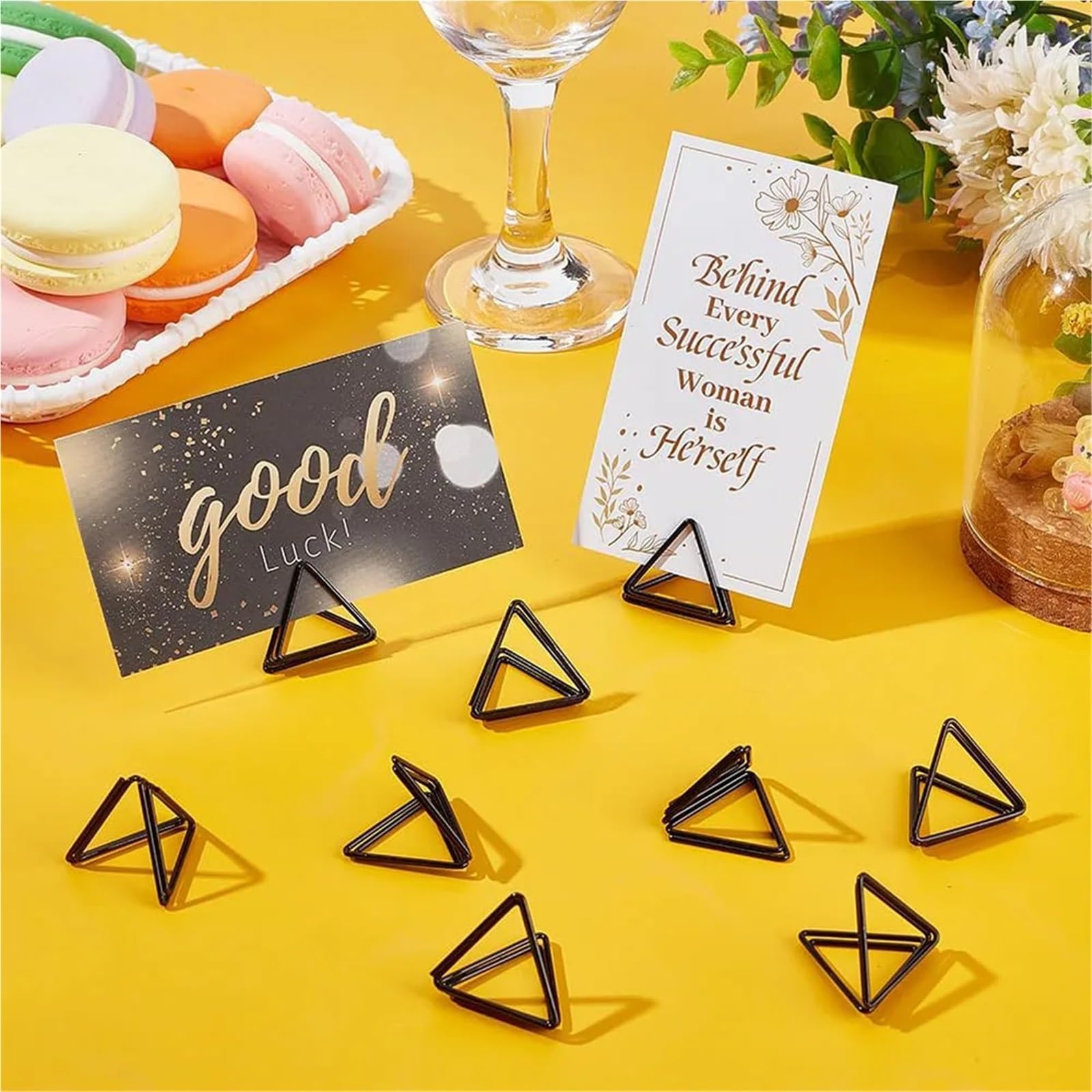 Tischkartenhalter aus Metall, dreieckig, Foto-Clip-Ständer, Hochzeit, Tischnummer, Namensschild, Ständer, 100 Stück (Mini-Gold)