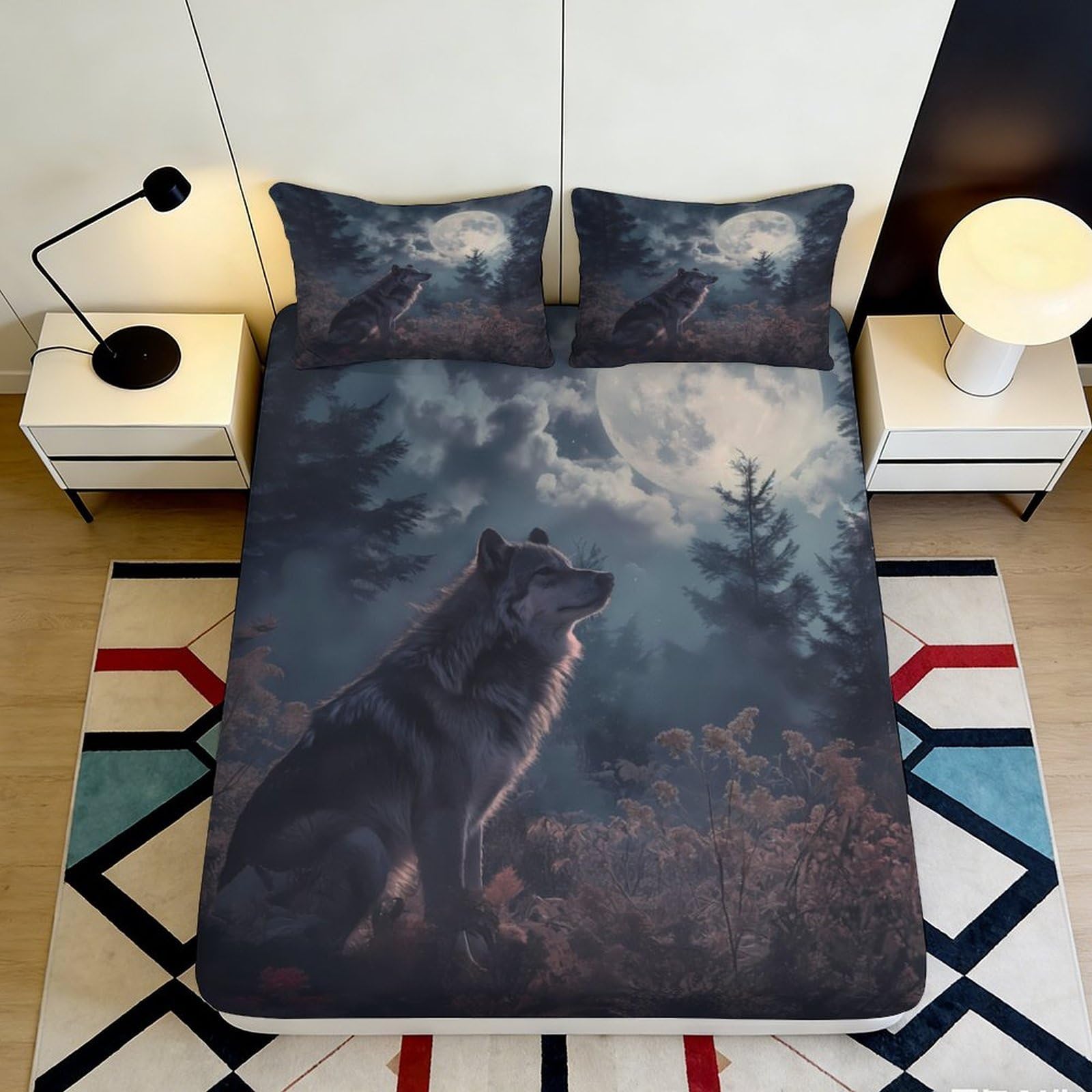3D Printed Wolf Moon Fitted Sheet Microfiber Soft Decor Forest Night Bed Cover for Bedroom Guest Room 90x200x25cm