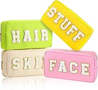 Vista 9 de Cunno 4 Piezas Bolsas de Maquillaje Preppy de Chenilla con Letras Bolsa de Cosas de Nailon Estuches Cosméticos con Cremallera para Mujeres Viaje