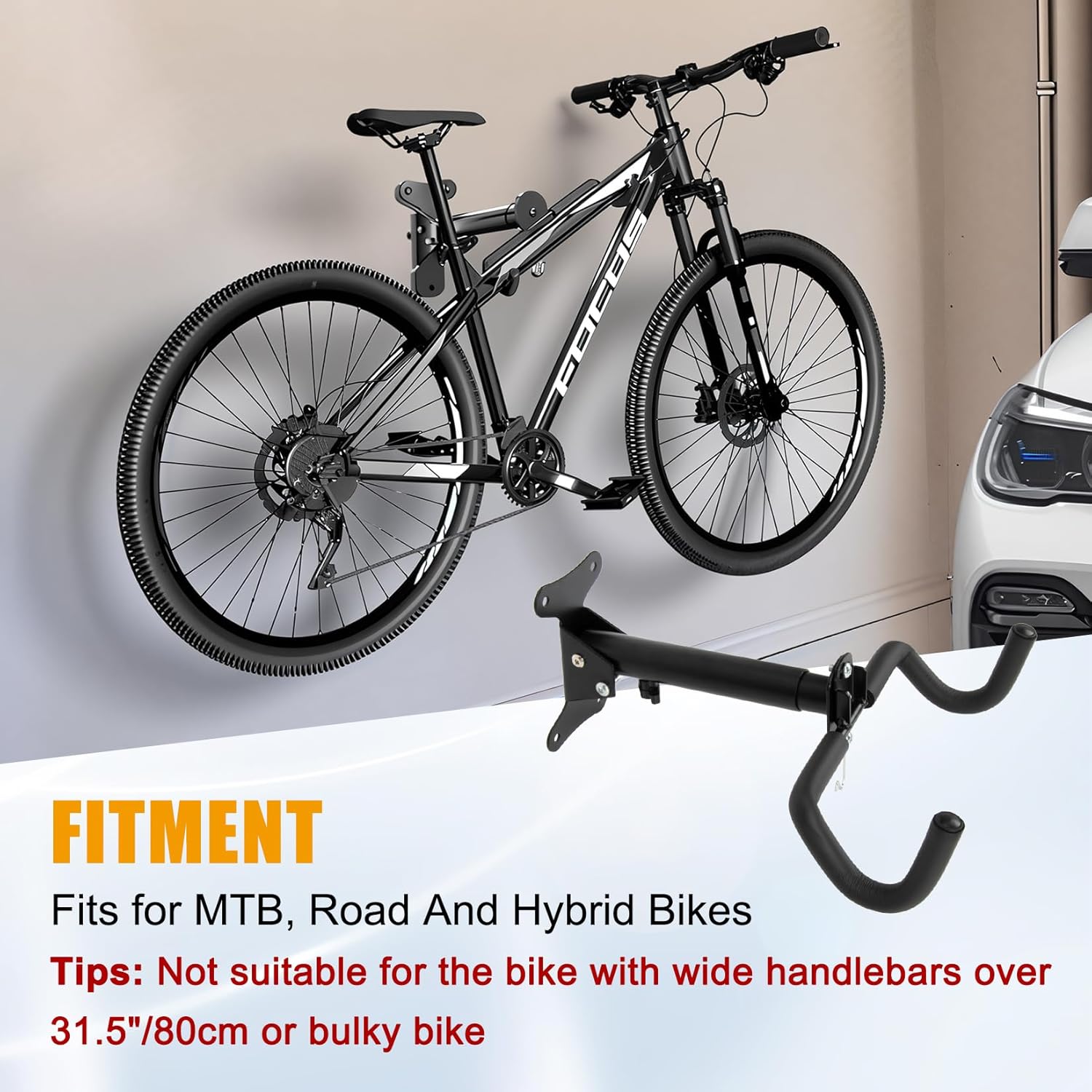 PSLER 2pcs Bike Wall Mount Hanger - Wall Mount Handbar, Adjustable & Extendable Horizontal Bike Rack Holder for Mountain/Road/Hybrid Bikes, Space Saving Garage Storage Hook, Easy Install