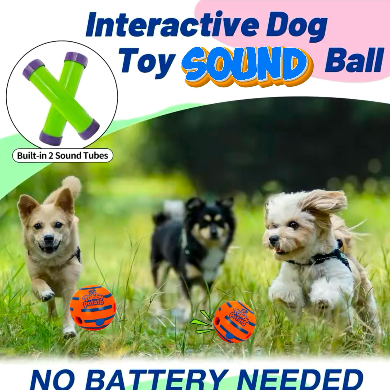 Tater Tumbler Sound Ball, giocattolo interattivo per cani, suoni divertenti quando viene arrotolato o scosso.